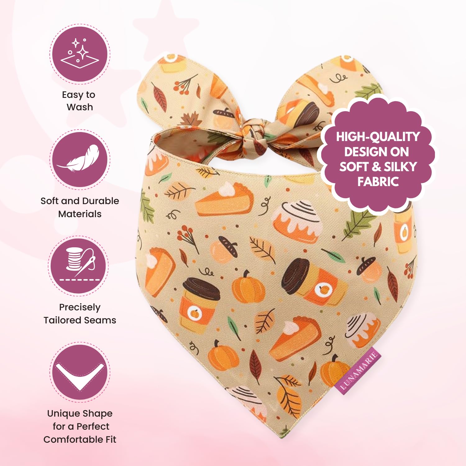Lunamarie - Luxury Dog Bandanas - Pumpkin Spice Fall Design | Premium & Silky Poly Fabric | 100% Handmade Quality | Custom Shape