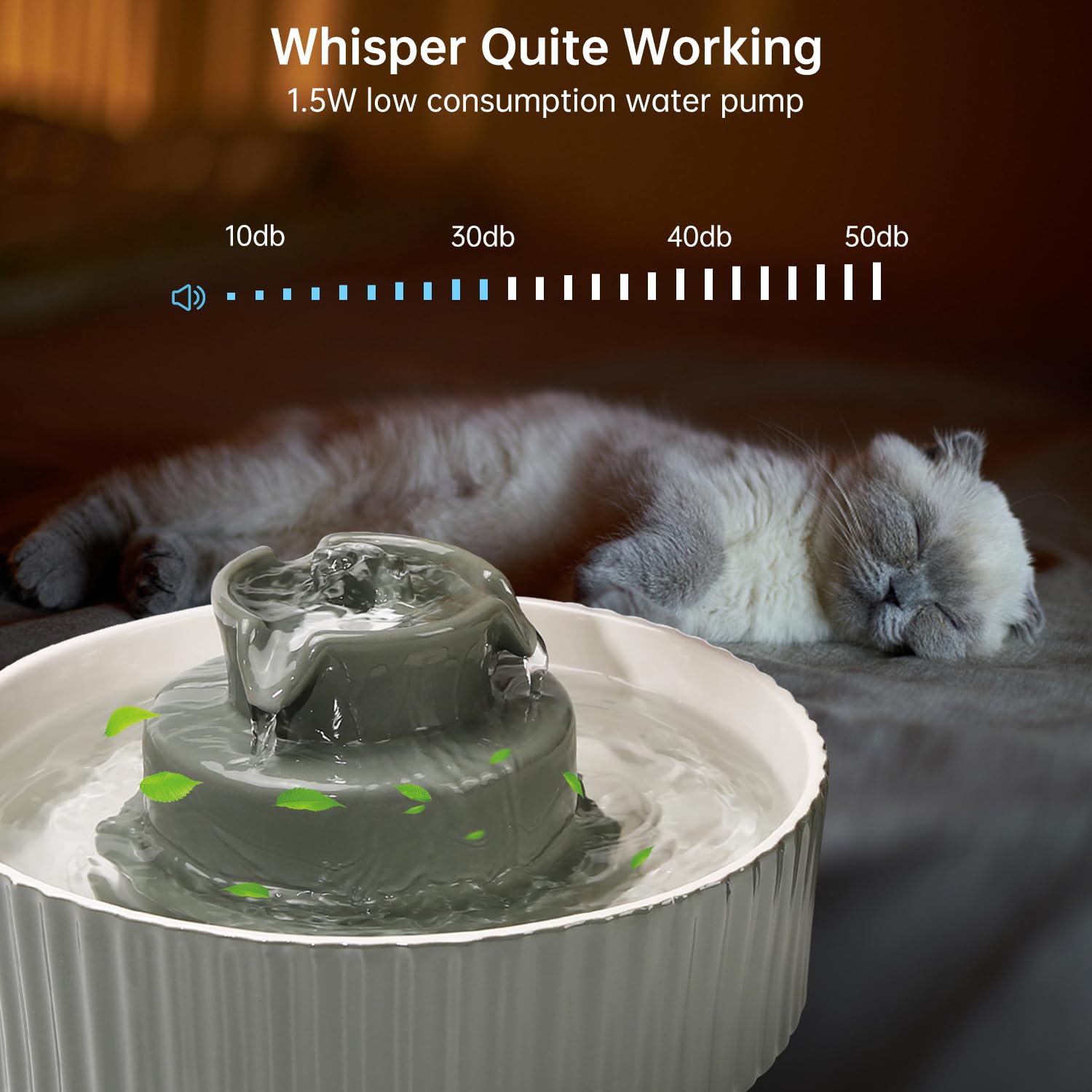 SgurFin Ceramic Cat Water Fountain 2.1L, Ultra-Quiet Pump, Grey, Model SG-DG02
