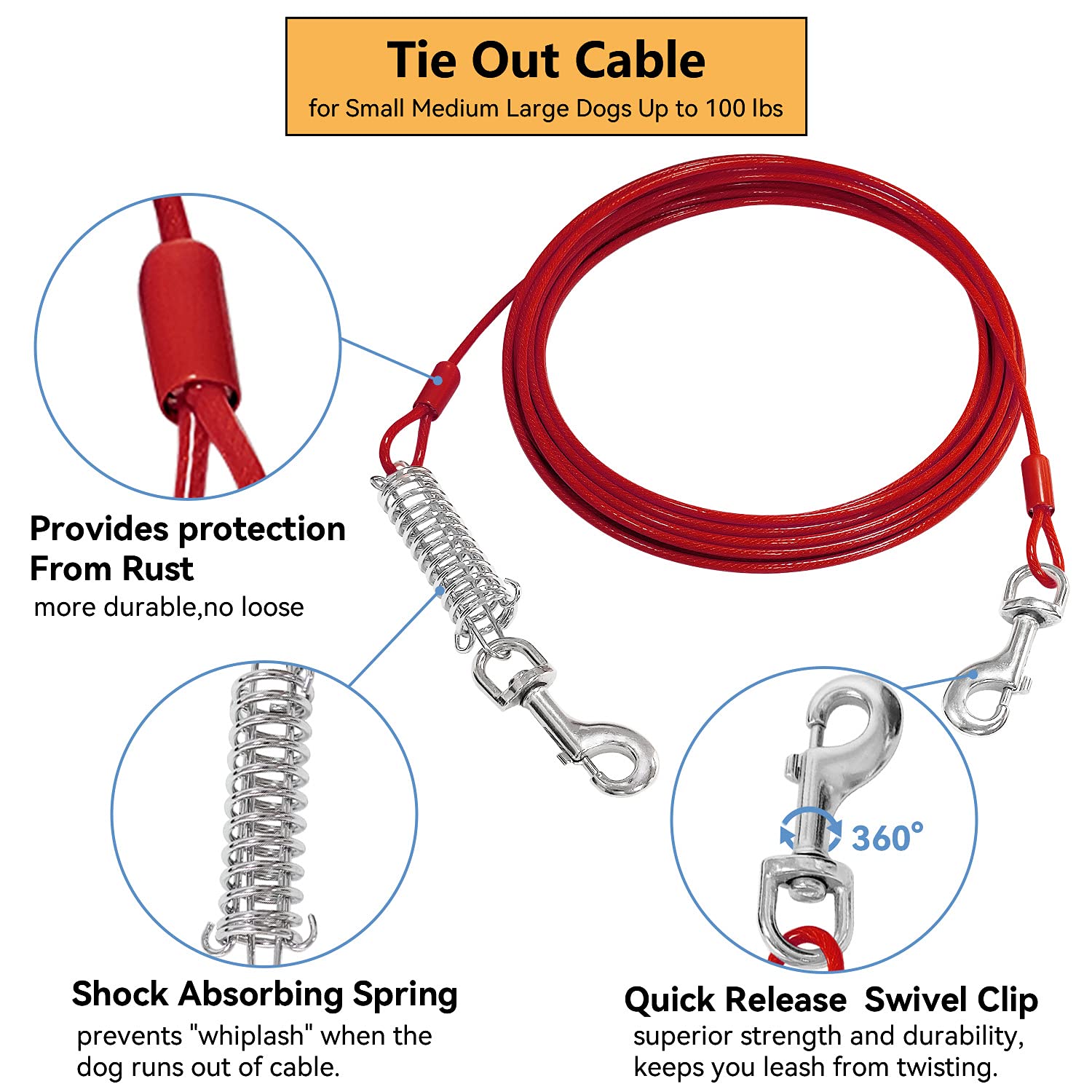 Shunai Dog Tie Out Cable And Stake - 30 Ft Heavy Dog Yard Leash - O Style Stake For Small Medium Large Dogs Up To 100 Lbs - Dog Stake For Outside Yard Beach Lawn