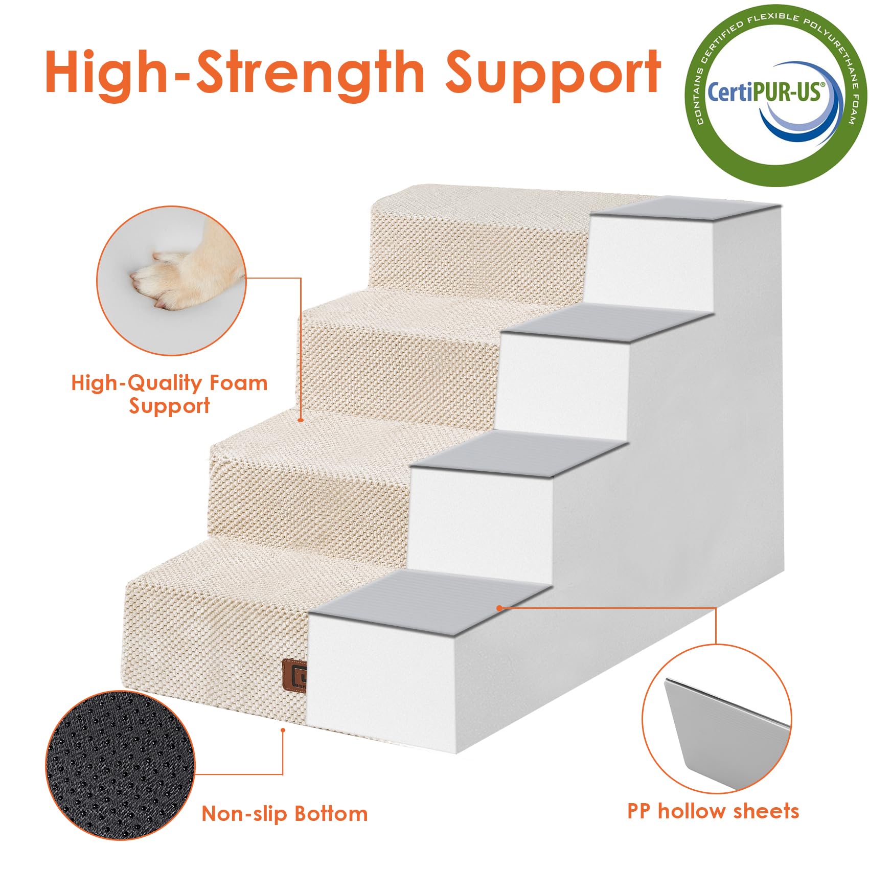 Eheyciga Dog Stairs For Bed 20”H, 4-Step Extra Wide Dog Steps For High Bed, Pet Steps For Small Dogs And Cats, Non-Slip Balanced Dog Indoor Ramp, Beige
