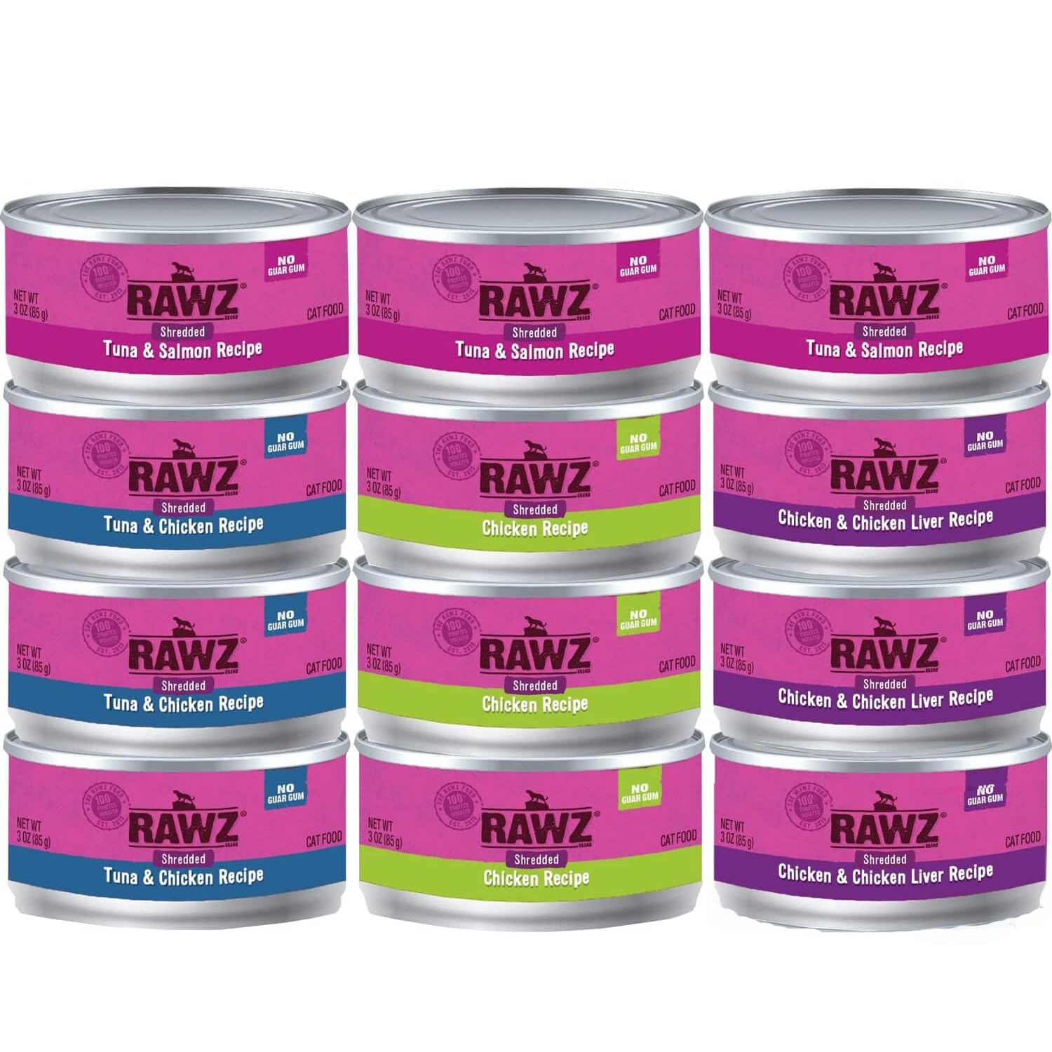 Rawz Natural Premium Canned Cat Wet Food Shredded -12 Pack Cans Variety Pack -4 Flavors with Yow Pet Lid- (Tuna & Salmon, Chicke