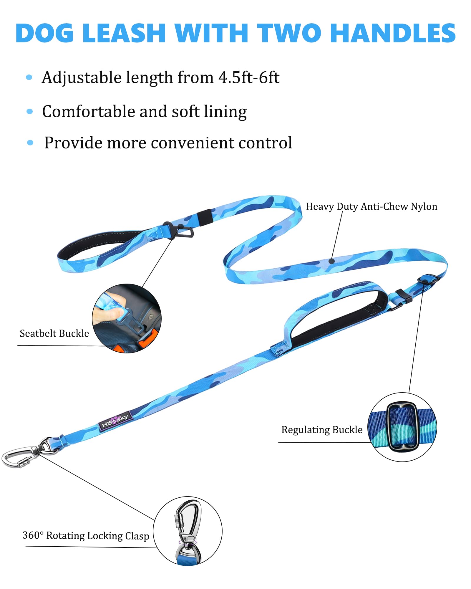 Hotsky Heavy Duty Dog Leash,4.5-6 Ft Adjustable Durable Nylon Seatbelt Lead With Two Padded Traffic Handle And Carabiner For Lar