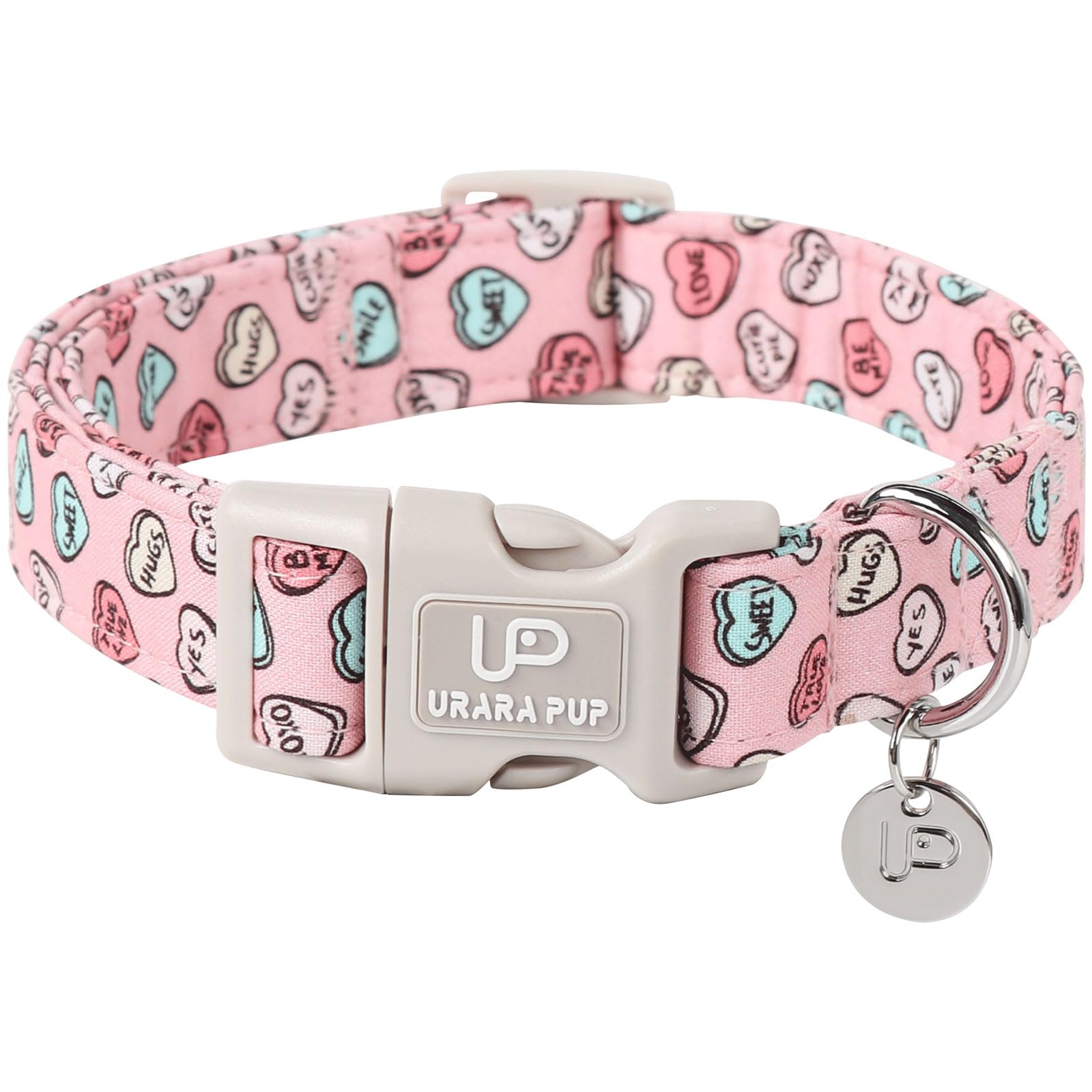 Up Urara Pup Pink Heart Dog Collar, Valentine'S Gift For Puppy, Small Medium Dogs, Cotton, Unique Craftsmanship Design