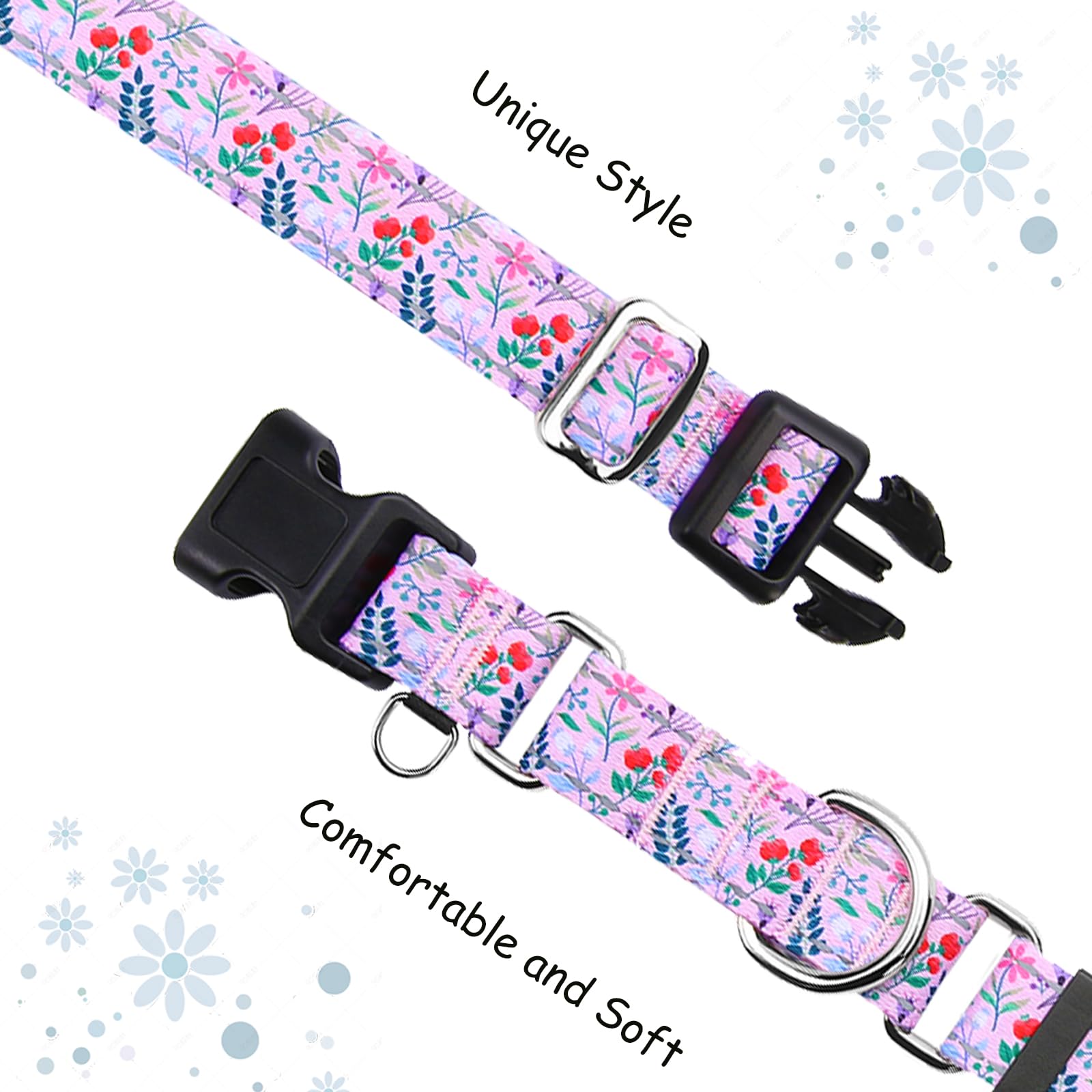 Fidohug Reflective Martingale Collar With Quick Release Buckle Anti Pulling Girl Female Dog Collars (Pink Flowers Plants, Medium