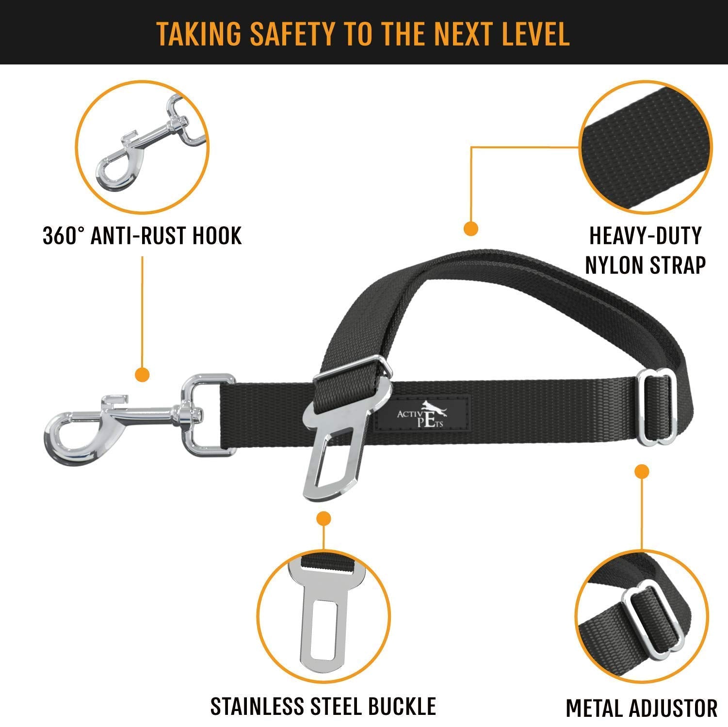 Active Pets Dog Car Harness - Nylon Seatbelt for Small & Large Dogs - Black - 1 Pack - Model UO-1DE5-0ZJ2