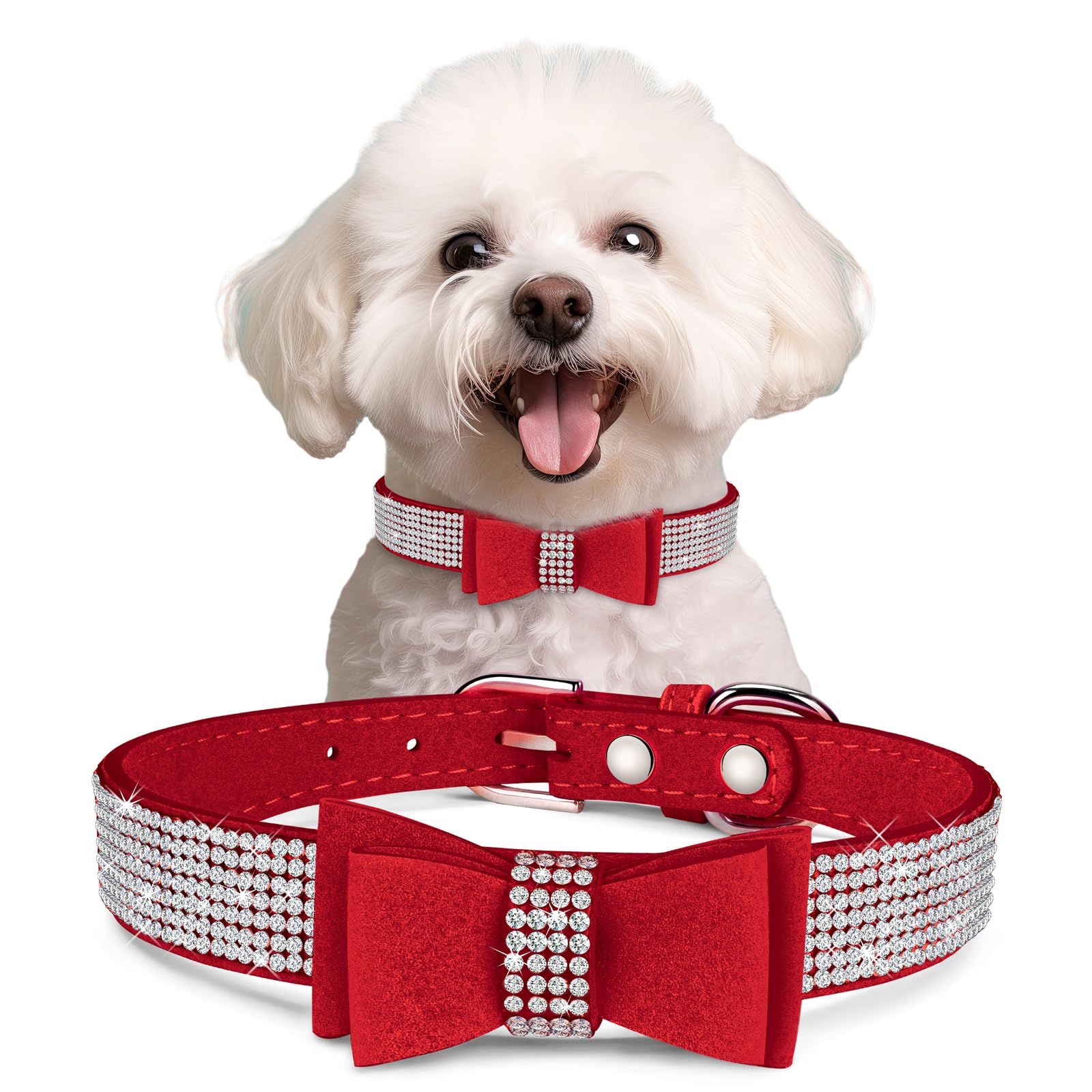 Crystal Dog Collar With Bow Tie,Soft Puppy Bling Collar For Extra Small,Small,Medium Dogs(Red,M)