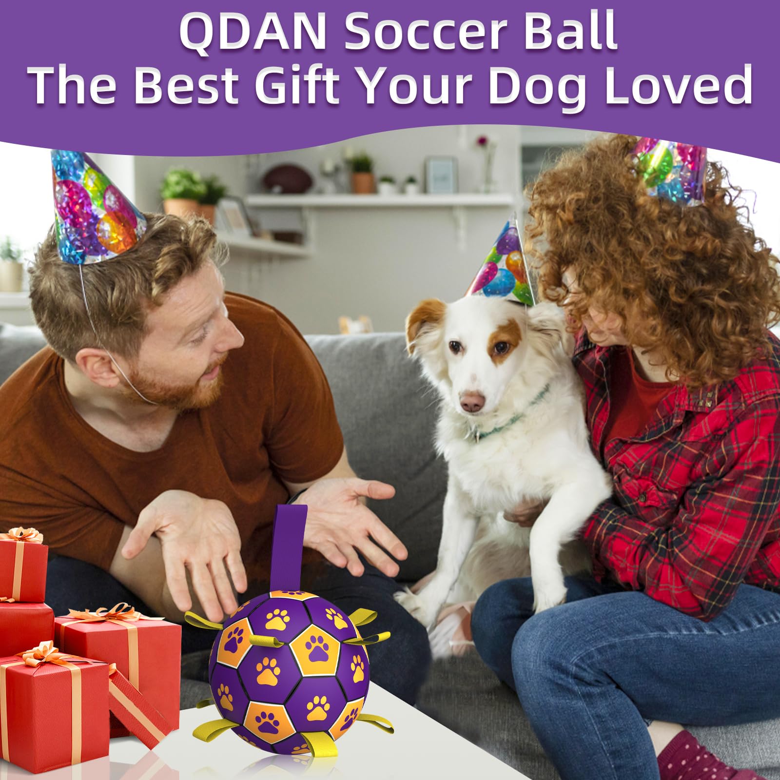 QDAN Dog Soccer Ball - Interactive Tug Toy for Small & Medium Dogs, Durable Polyurethane, Yellow Purple, 6 Inch