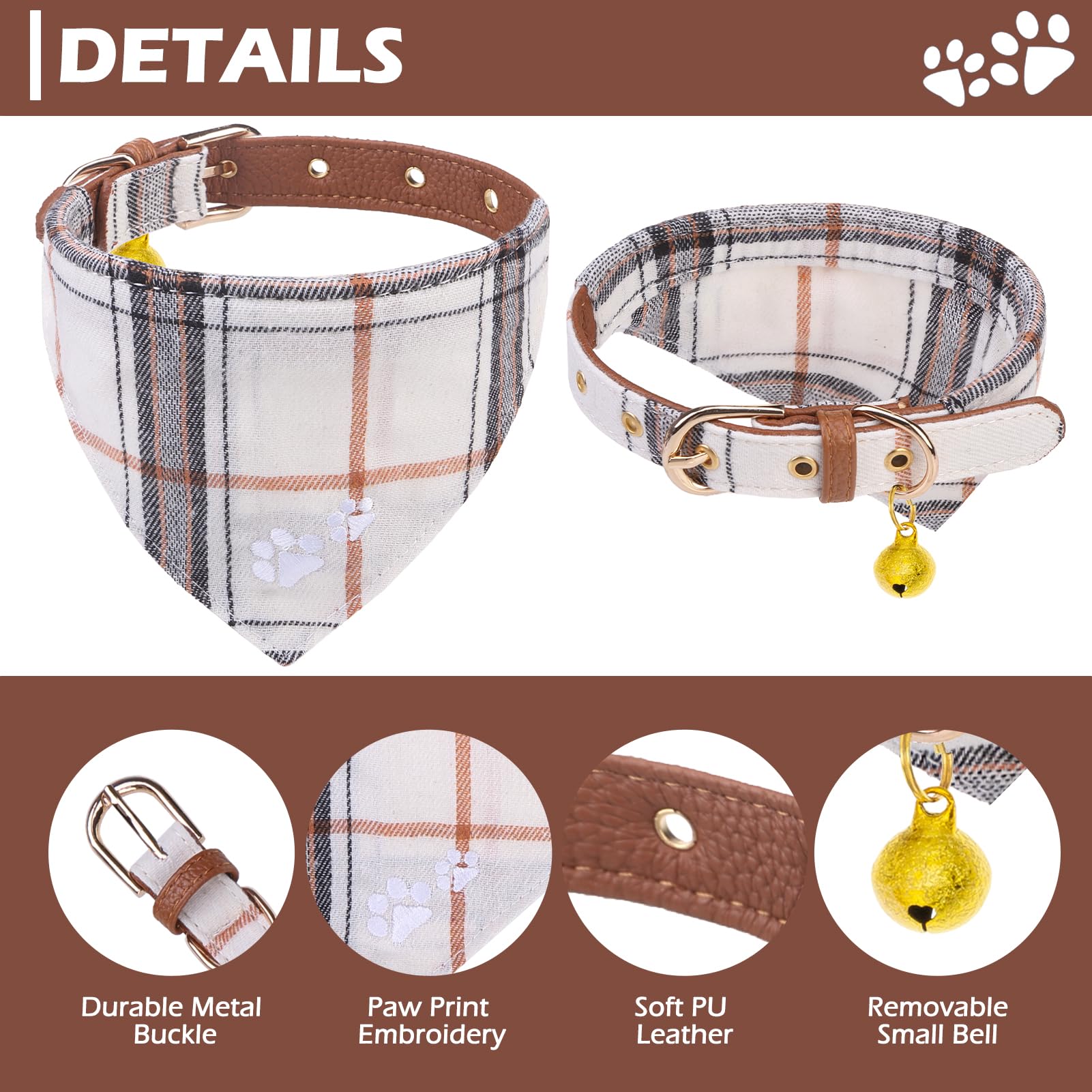 Expawlorer Puppy Collar And Leash - Embroidery Pawprints Plaid Dog Collar And Leash Set, Cute Dog Bandana Collar With Bell, Dog