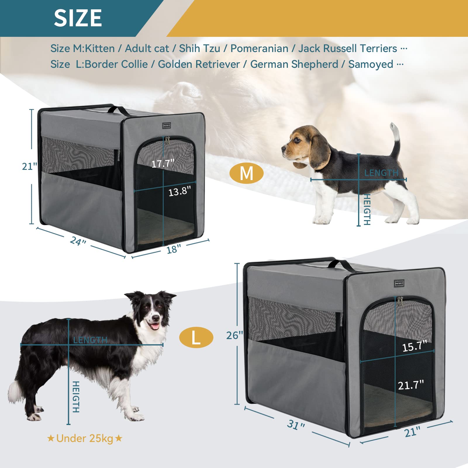 Petsfit Collapsible Dog Crate, Upgrade Zipper And Strengthen The Seam, To Prevent From Escaping, Dog Travel Crate 24 Inch Grey