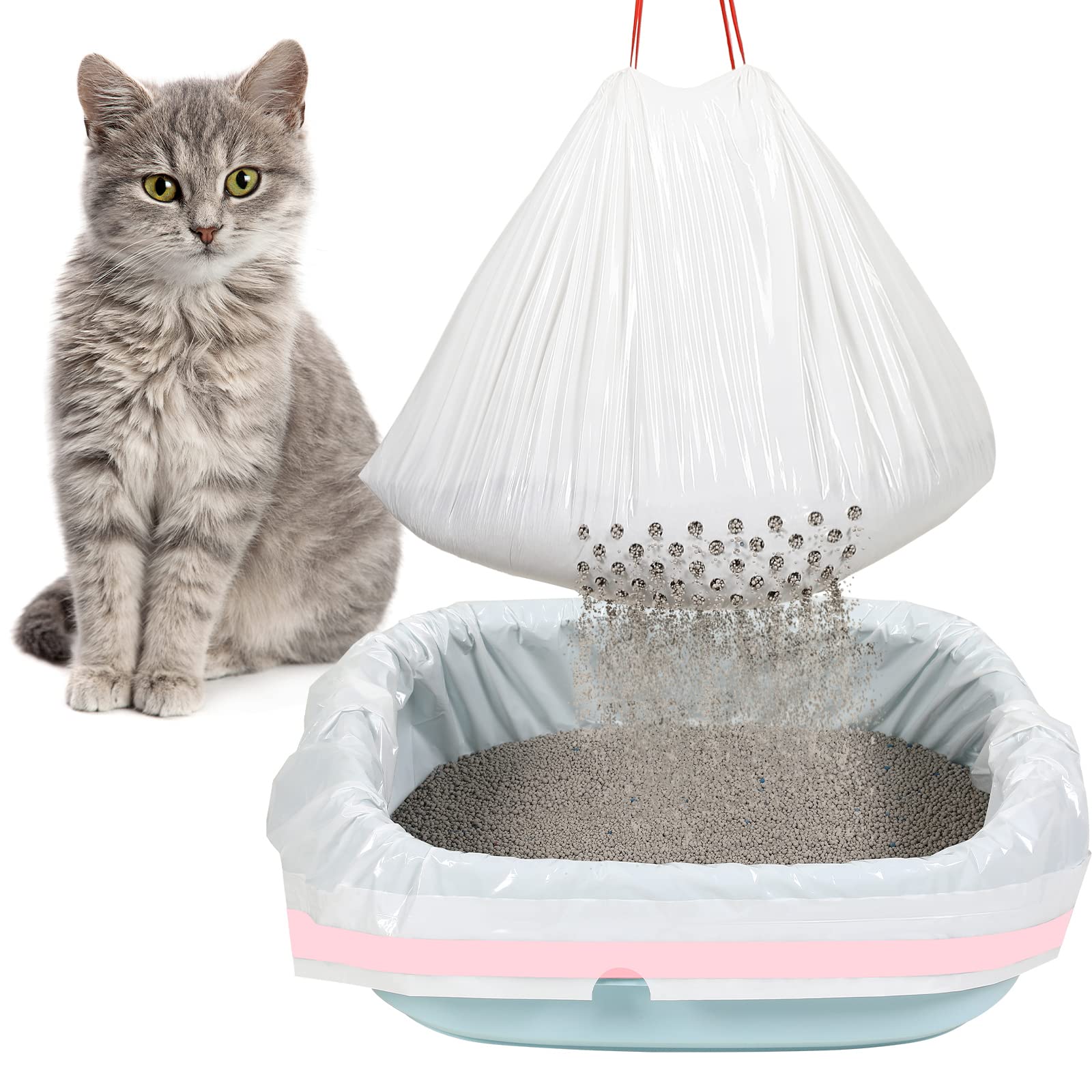 Jutom 56 Count Sifting Litter Box Liners, Drawstring Jumbo Sifting Cat Litter Bags with Holes, 31 x 18 Inch 22 lb Capacity Porta