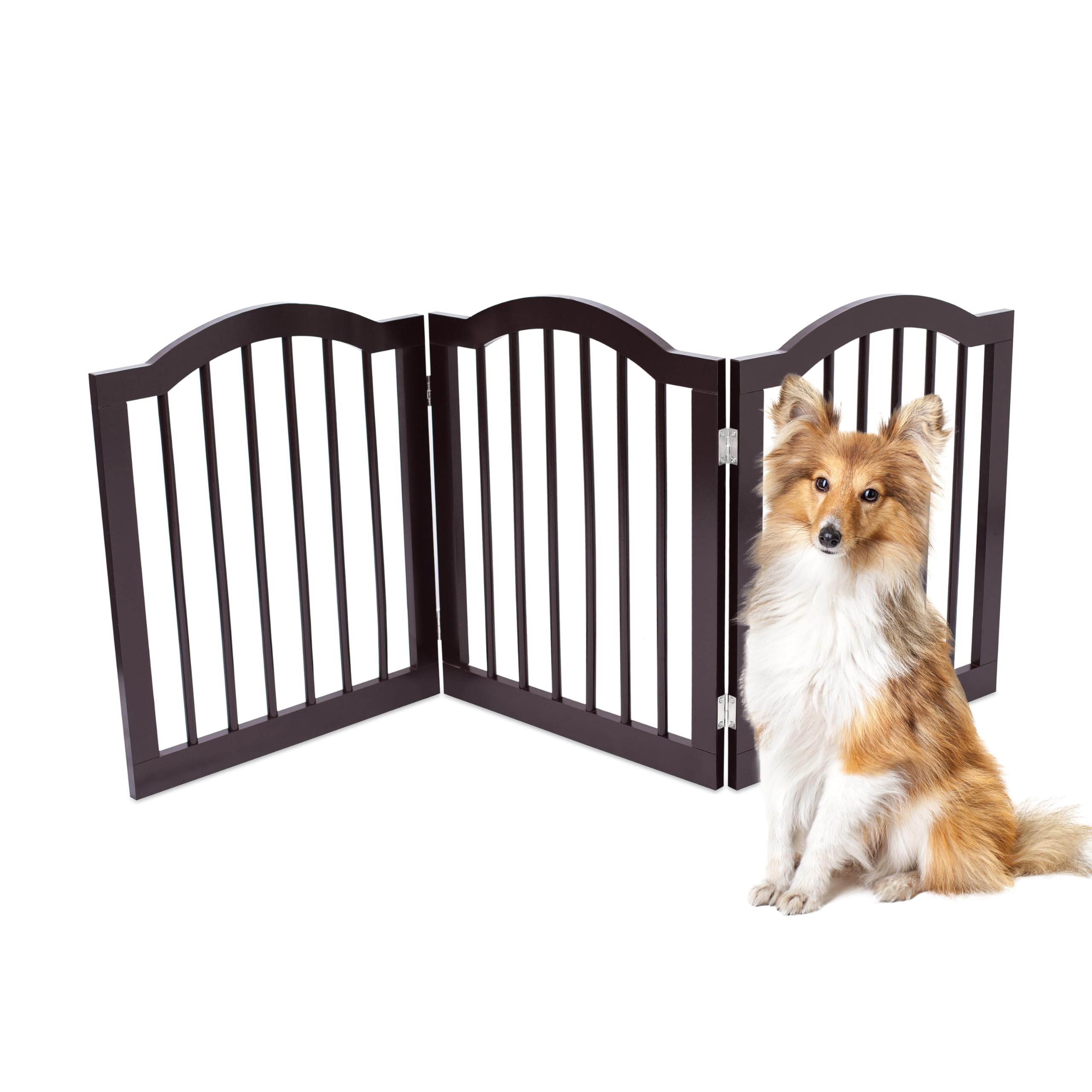 Internet'S Best Arched Top Dog Gate | 3 Panel, 24' H Wooden Pet Barrier For Dogs Or Cats | Freestanding Folding Room Divider For Doorways, Hallways, Stairs, And Porch | Portable, Extra Wide | Espresso