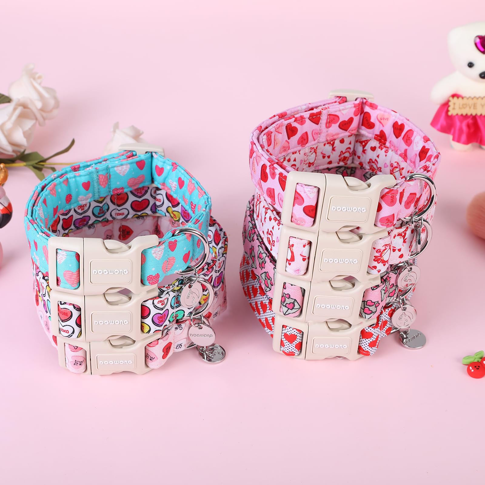 Dogwong Valentine'S Dog Collar - Blue Heart Candy Adjustable Cotton Heart Dog Collar - Perfect For Medium, Large Dogs