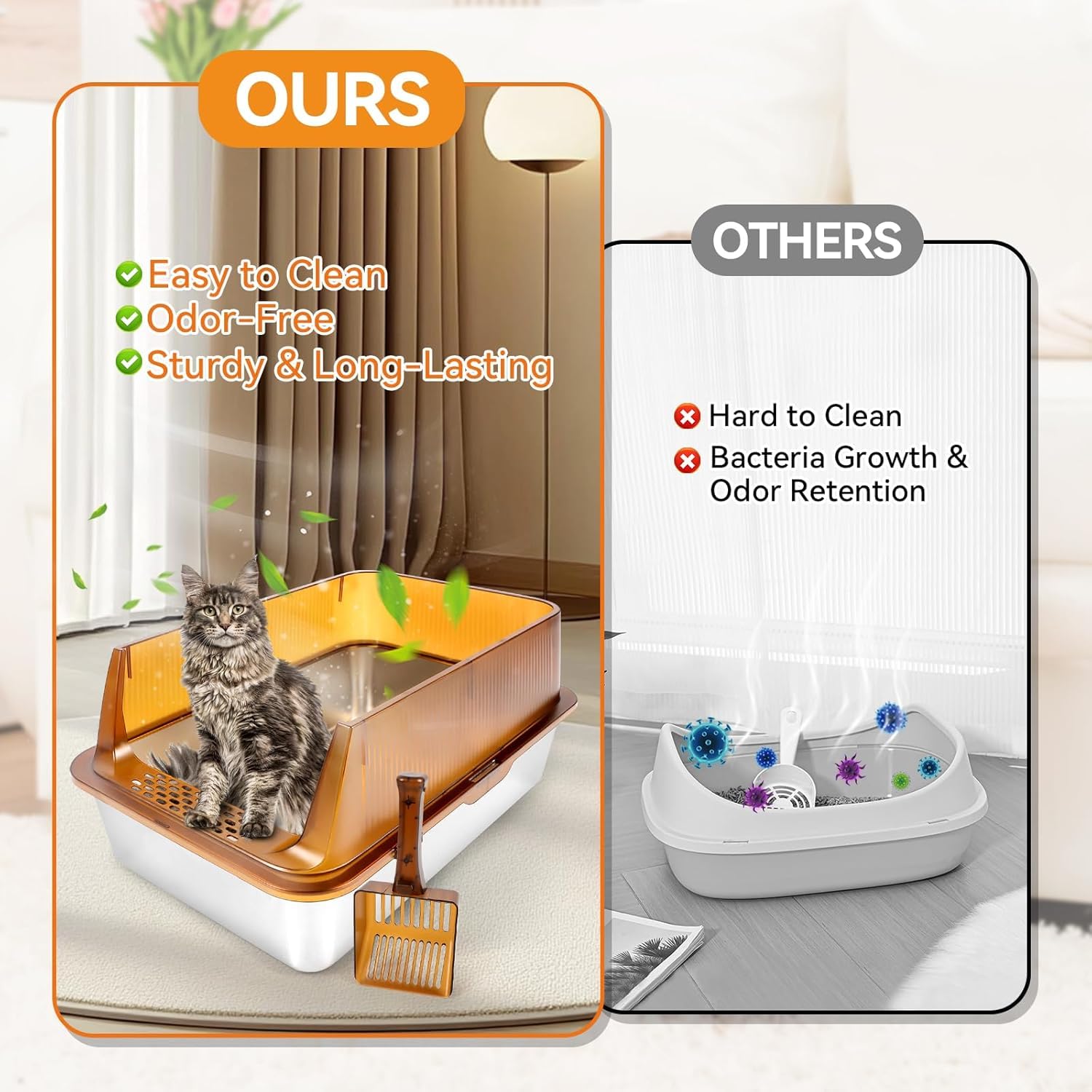 Bartuke Stainless Steel Cat Litter Box, Extra Large Semi Enclosed Litter Box For Big Cats High Sided Metal & Scoop Never Absorbs