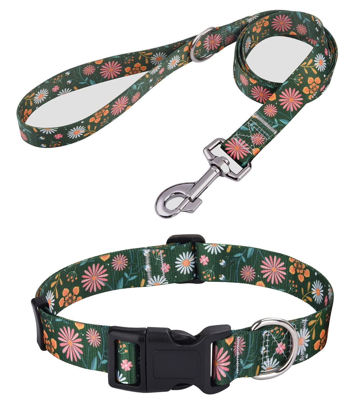 Mihqy Dog Collar And Leash Set With Bohemia Floral Tribal Geometric Patterns - Soft Ethnic Style Collar Adjustable For Small Medium Large Dogs(Dark Green Flower Set,S)