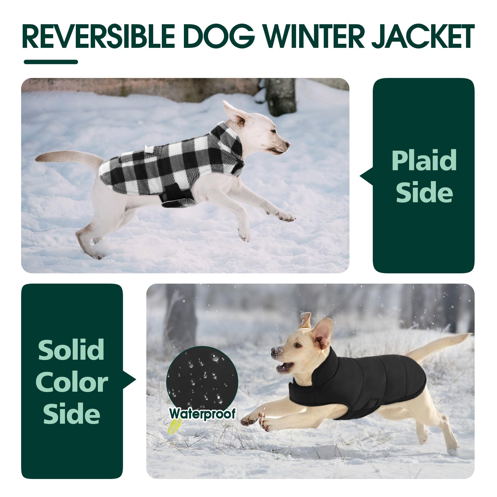 Kuoser Dog Winter Coat, Windproof Dog Fleece Jacket British Style Plaid Cold Weather Dog Vest Coats, Reversible Cozy Warm Dog Cl