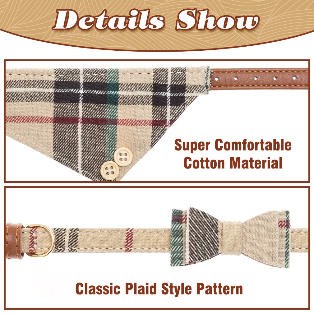 Expawlorer Dog Collar And Leash Set - Classic Plaid Dog Bow Tie And Dog Bandana Collar, Dog Leash Tangle Free, Adjustable Collar