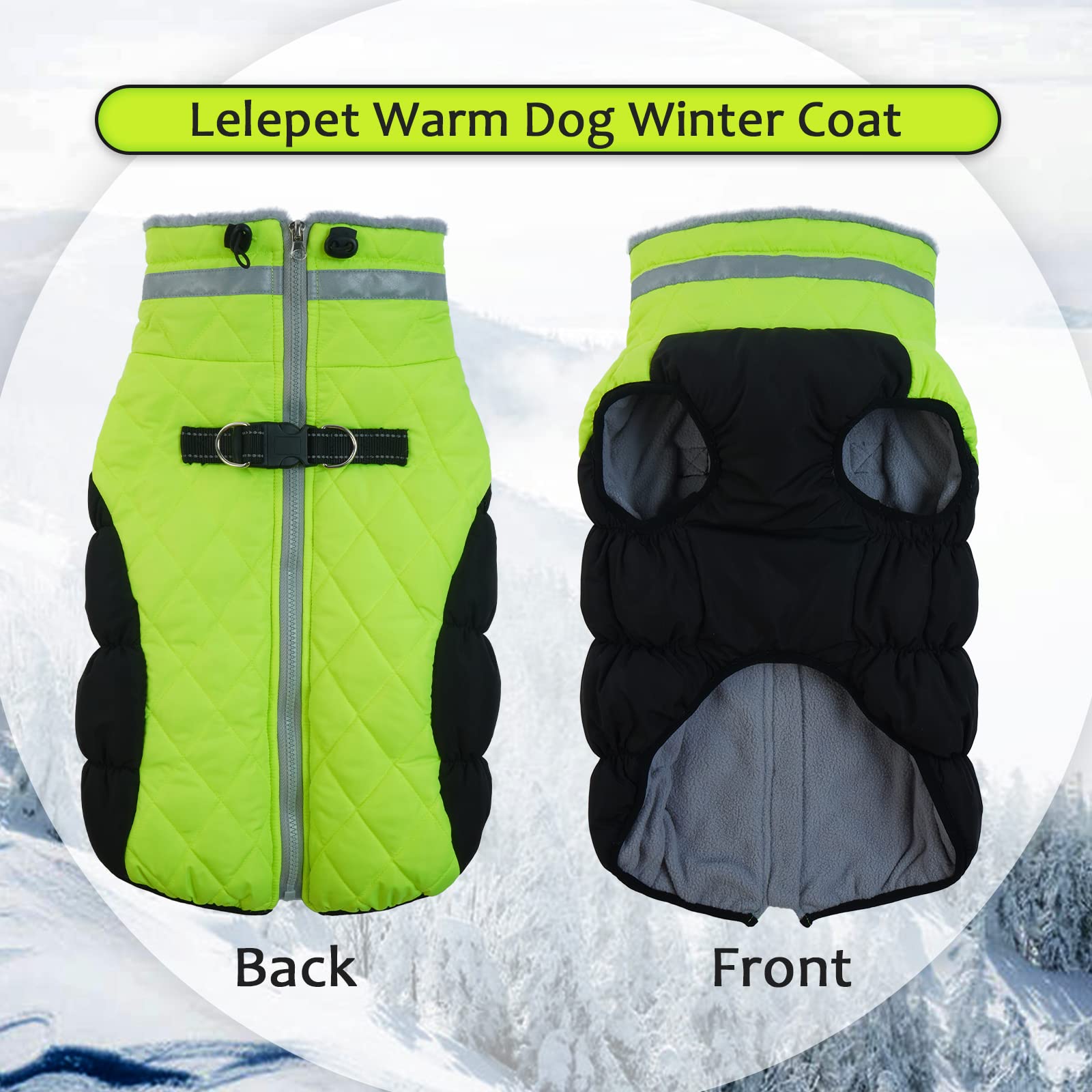 LeLePet Waterproof Medium Dog Coat, Lime Padded Vest with Harness, Windproof Reflective Fleece Jacket for Winter