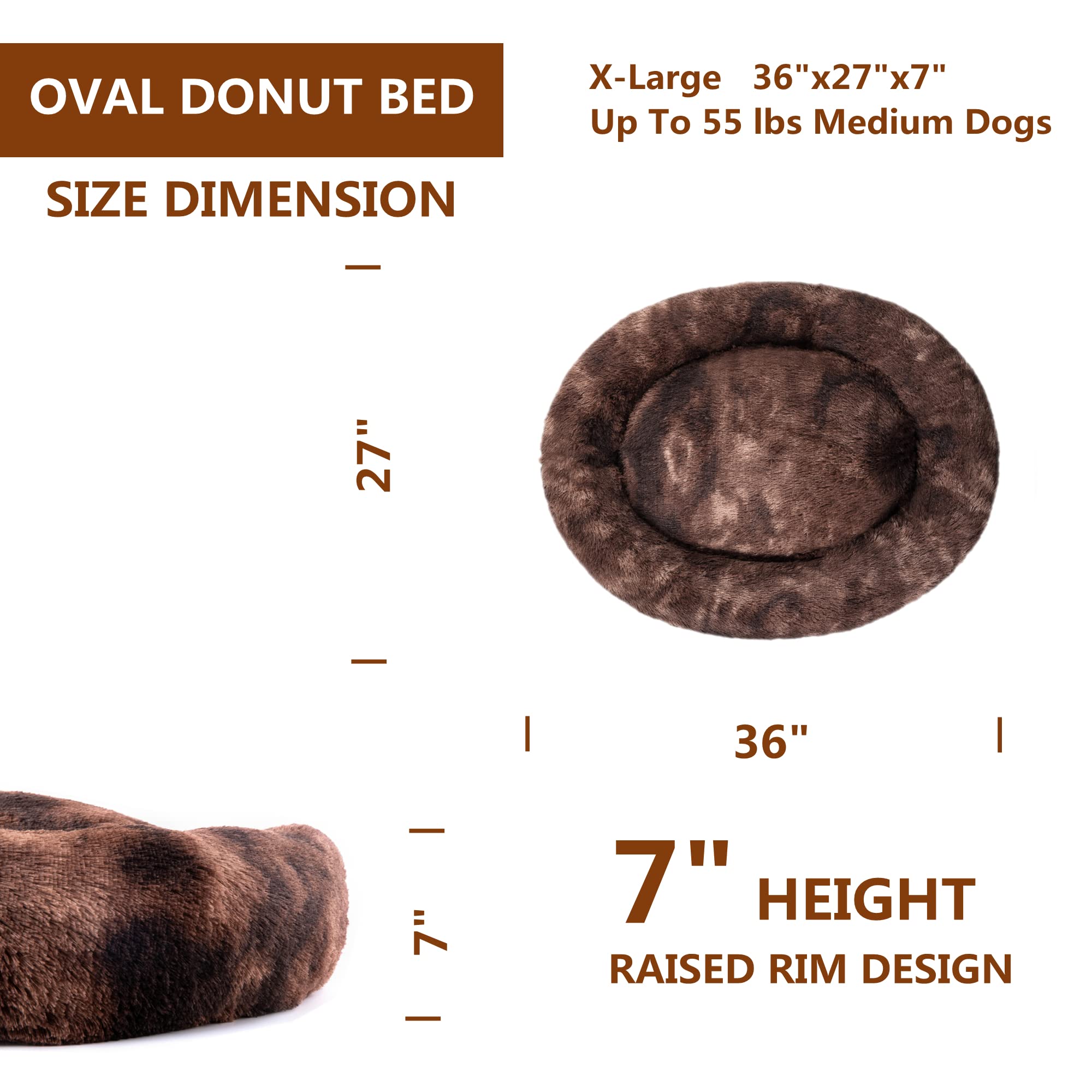 Oval Calming Donut Cuddler Dog Bed,Shag Faux Fur Cat Bed Washable Round Pillow Pet Bed(30''/36''/43'') For Small Medium Dogs (Xl