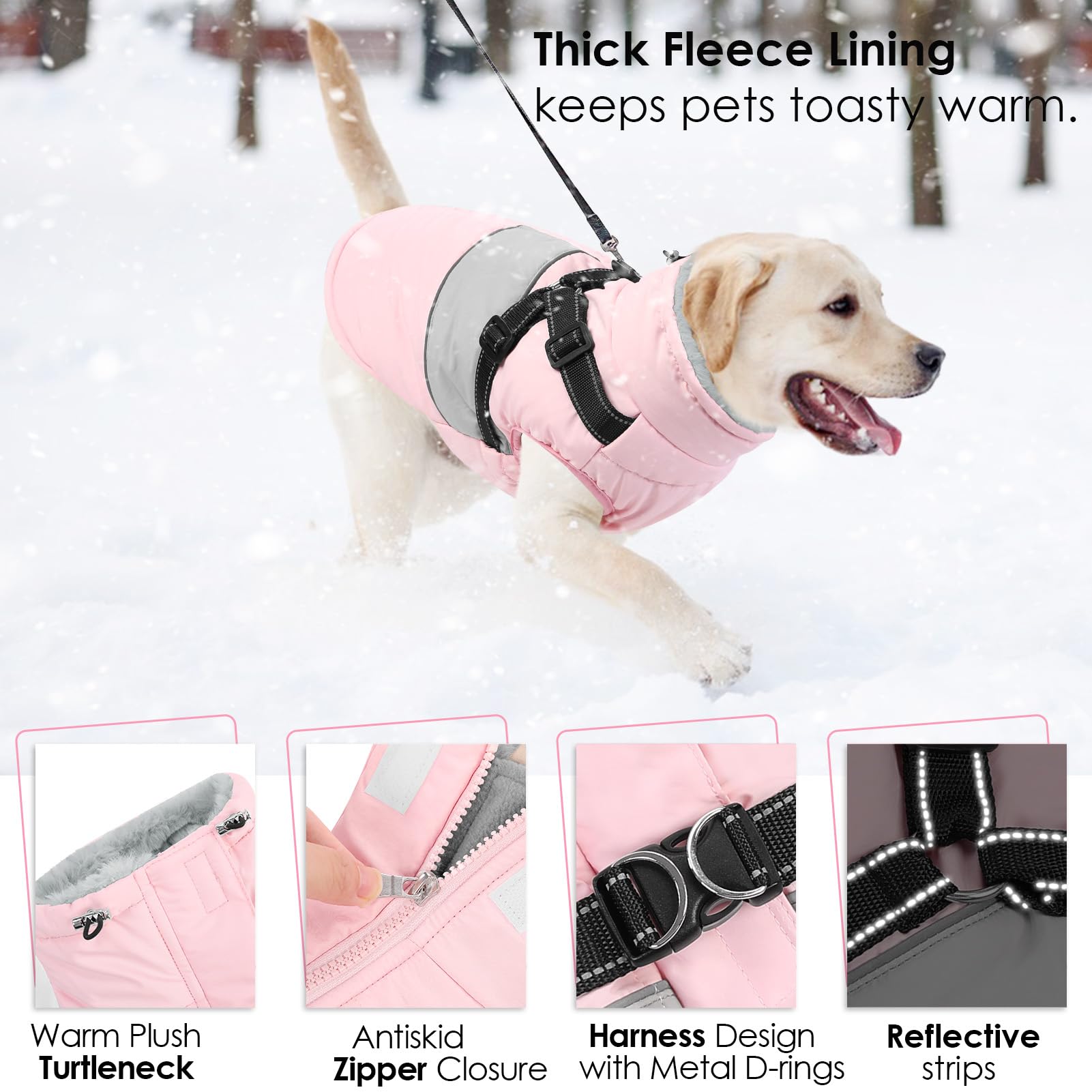 Aofitee Dog Winter Coat - Reflective Waterproof Puffer Jacket, Warm Fleece Windproof Dog Sweater, Pink Xl