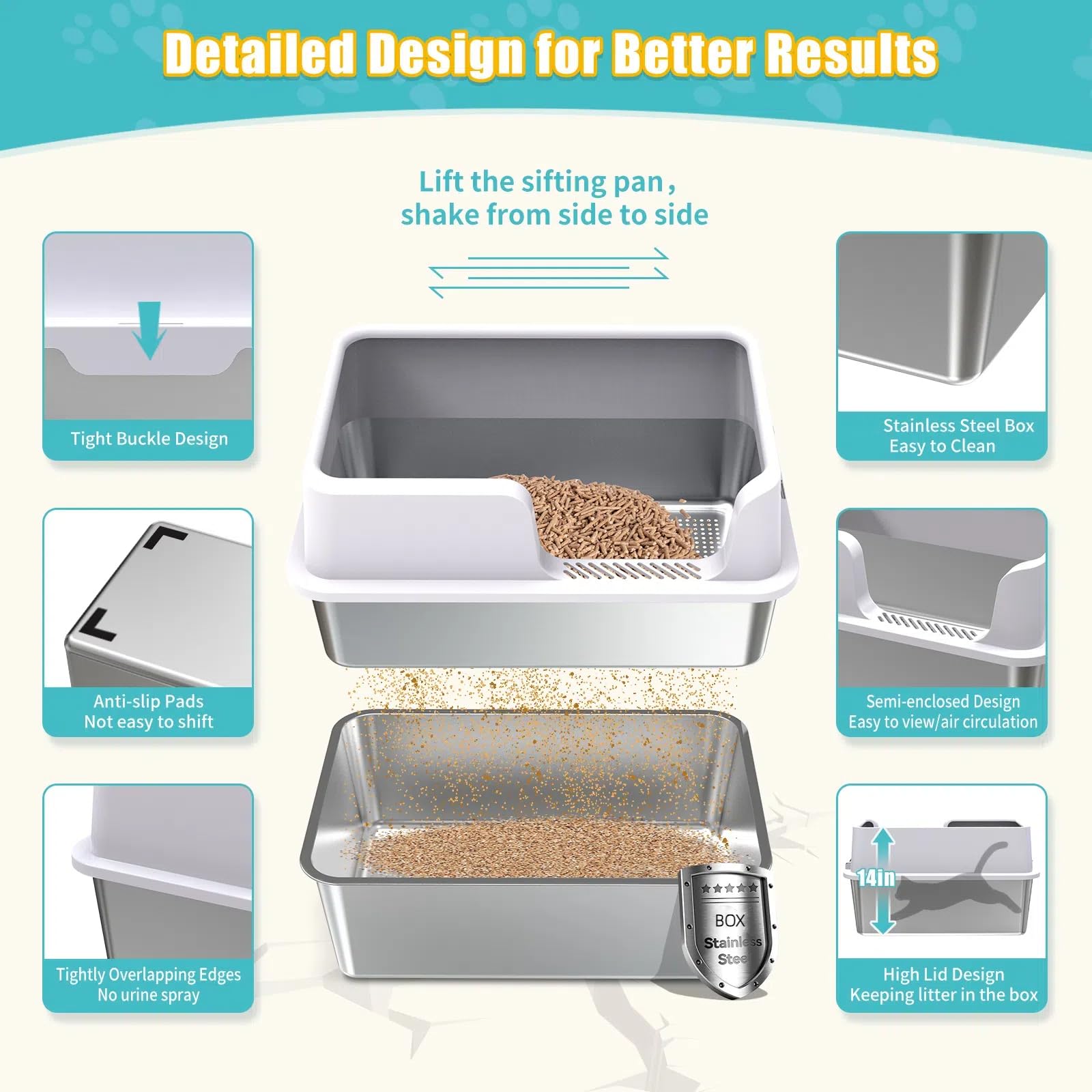 Xl Stainless Steel Sifting Cat Litter Box With Sifting Box & Bottom Pan, Sifting Cat Litter Pan High Side, No Mess, Nnti-Odor, E