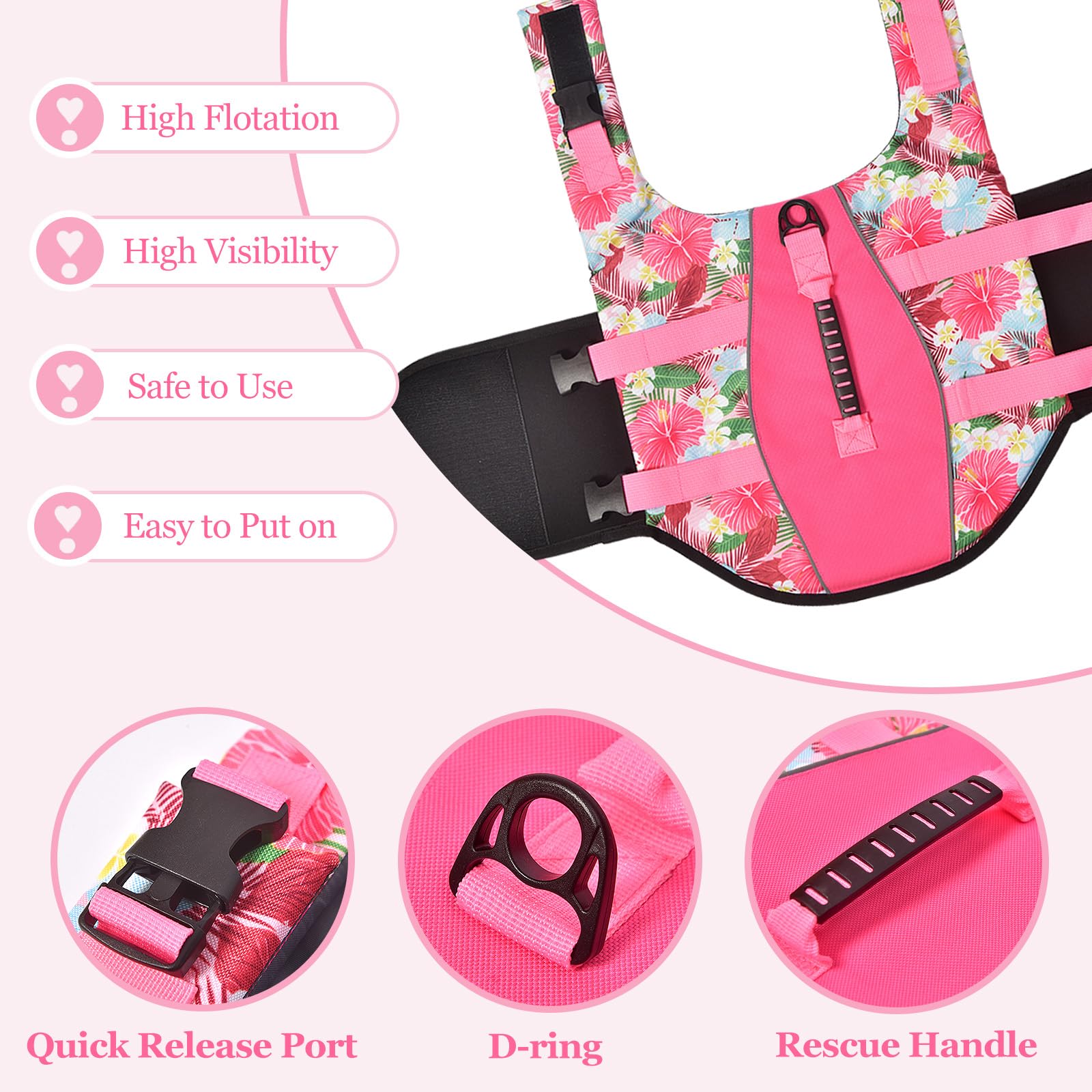 Dog Life Jacket Small, High Flotation Vest For Swimming Boating, Hawaiian Reflective Puppy Swim Vest, Adjustable Safety Dogs Flo