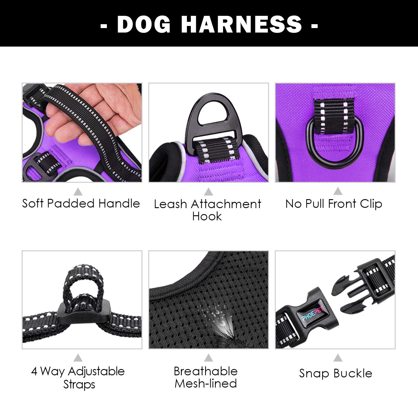 Phoepet Reflective Dog Harness Large Breed Adjustable No Pull Vest With With Handle 2 Metal Rings 3 Buckles [Easy To Put On & Take Off](L, Purple)