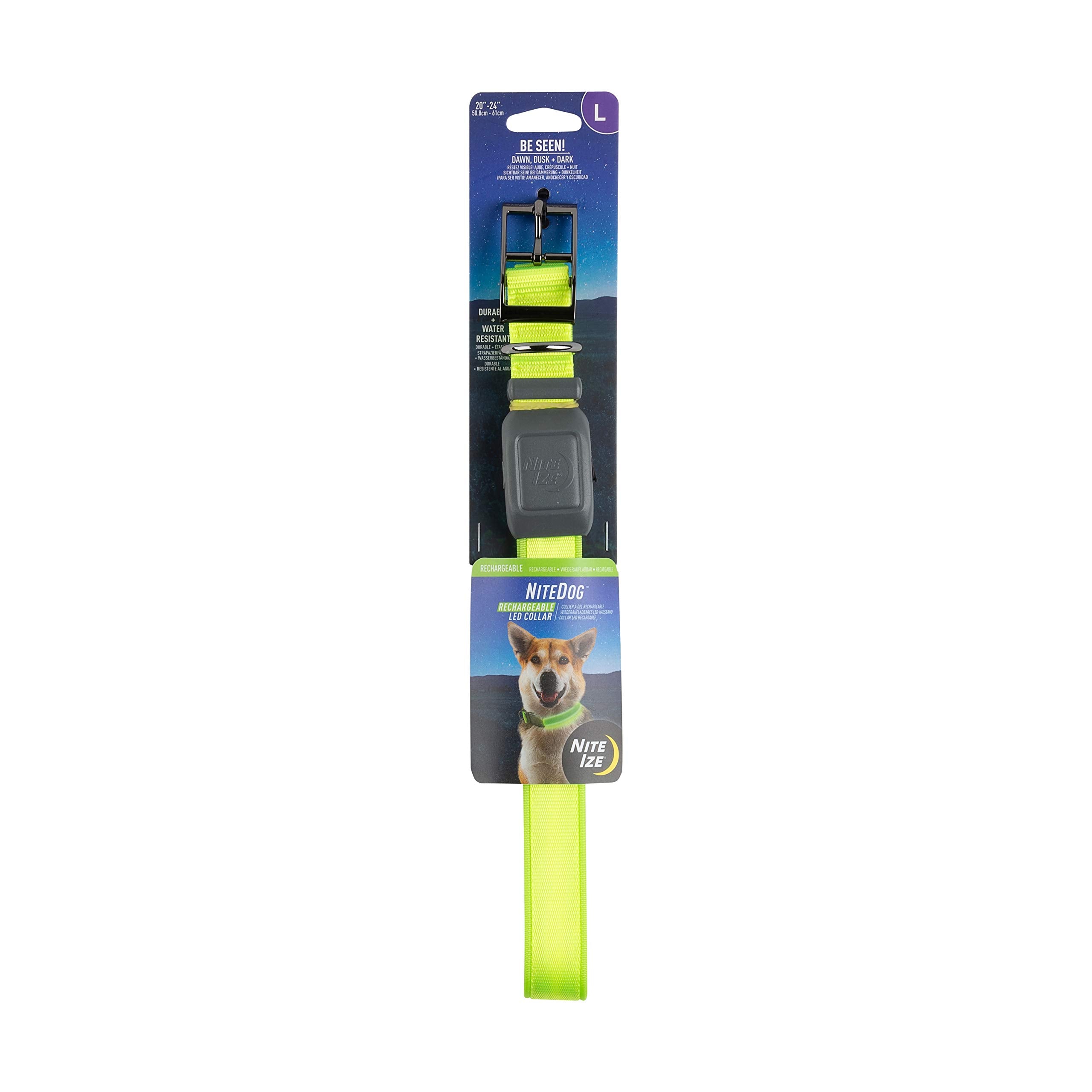 Nite Ize Nitedog Rechargeable Led Collar, Usb Rechargeable Light Up Dog Collar W/Metal Buckle, Water Resistant, Large, Lime