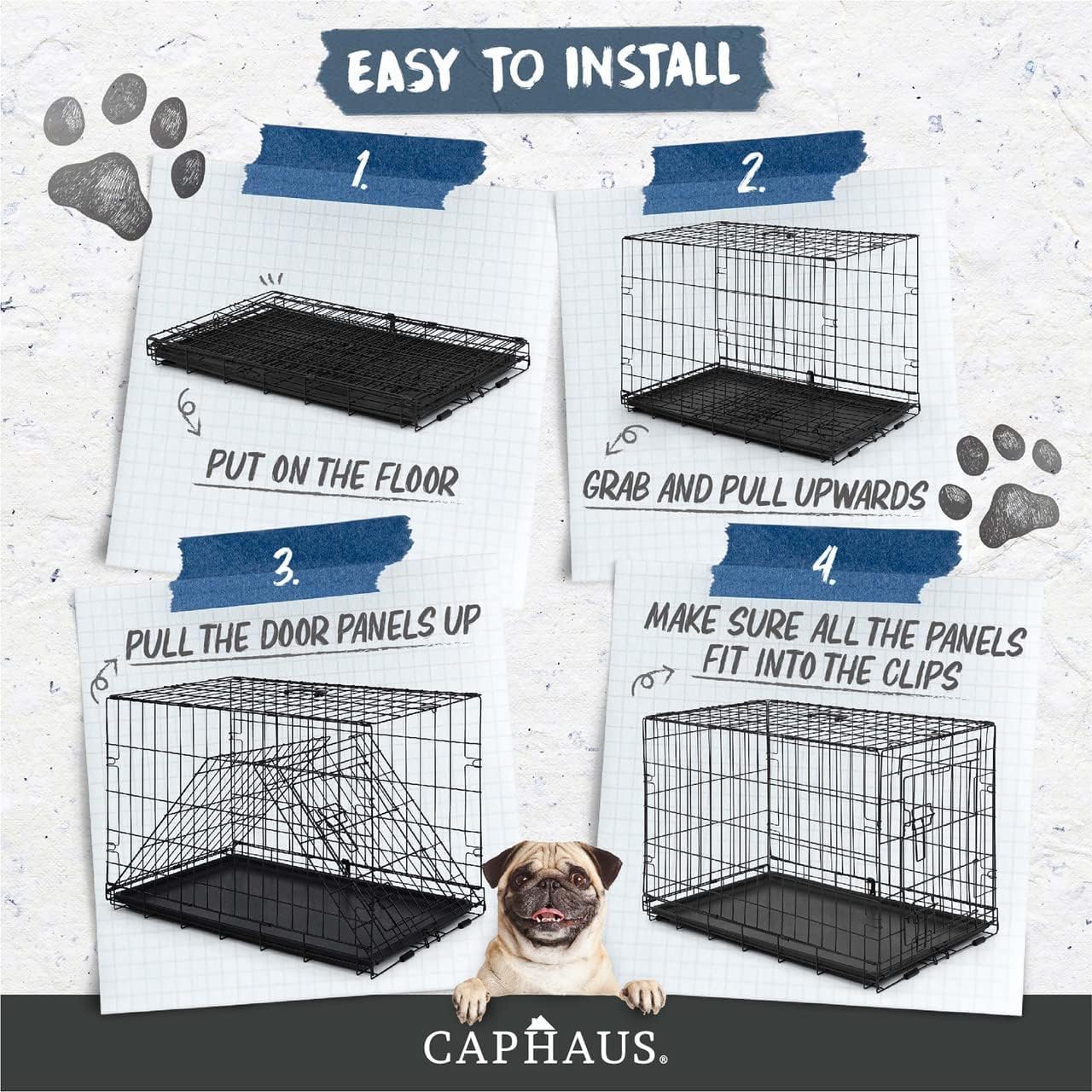 Caphaus Foldable Dog Crate Kennel W/Leak-Proof Pan & Divider Panel, Metal Crate, Small, Medium & Large Dog Crate Indoor Wire Cag