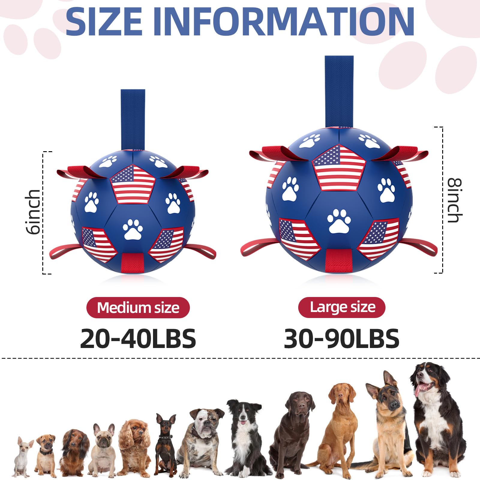 QDAN Dog Soccer Ball - Durable 6 Inch Water Toy for Small Medium Dogs, American Flag Design, Ideal for Tug of War and Beach Fun