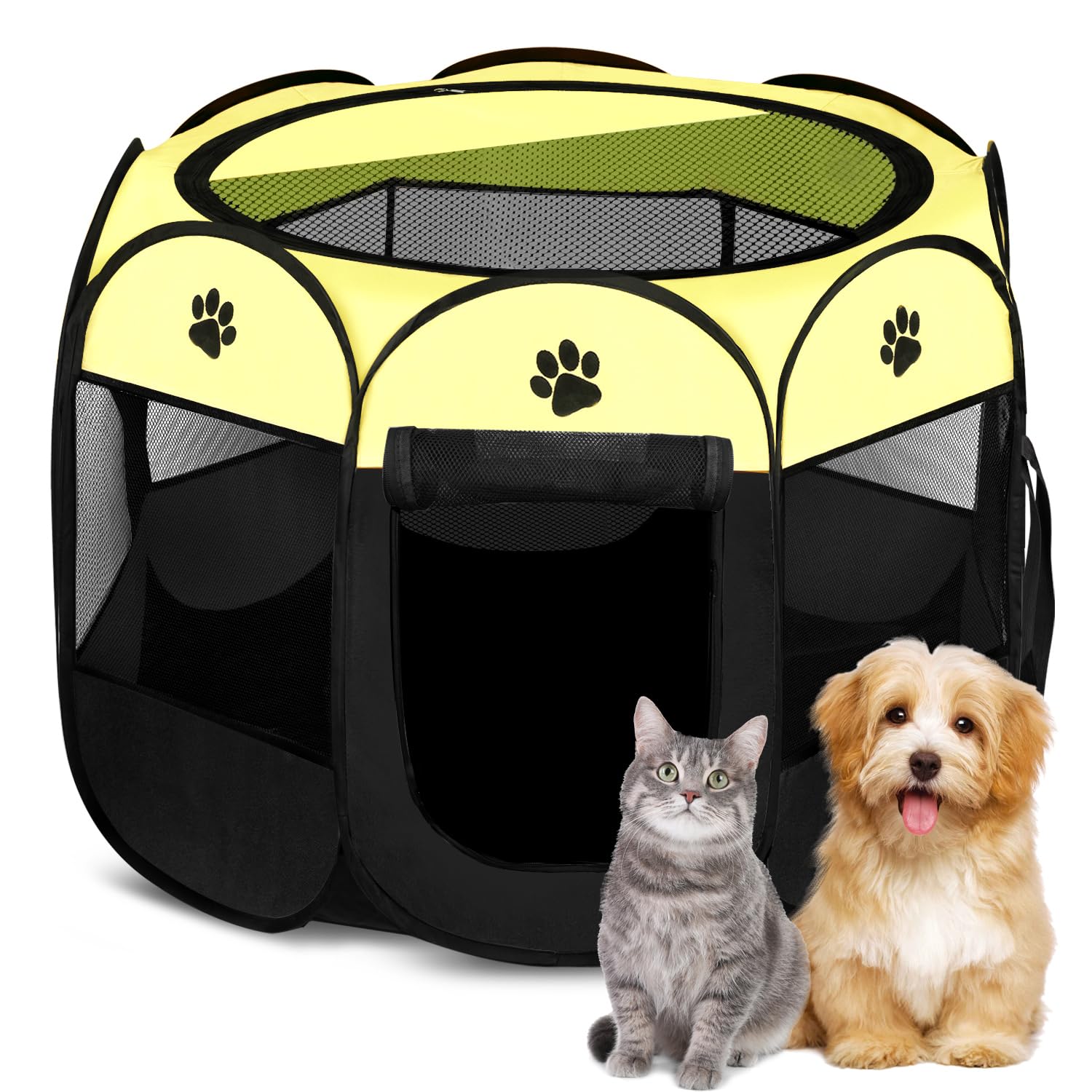 Horing Pop Up Tent Pet Playpen Carrier Dog Cat Puppies Portable Foldable Durable Paw Kennel (M 35'' * 35'' * 24'', Green)