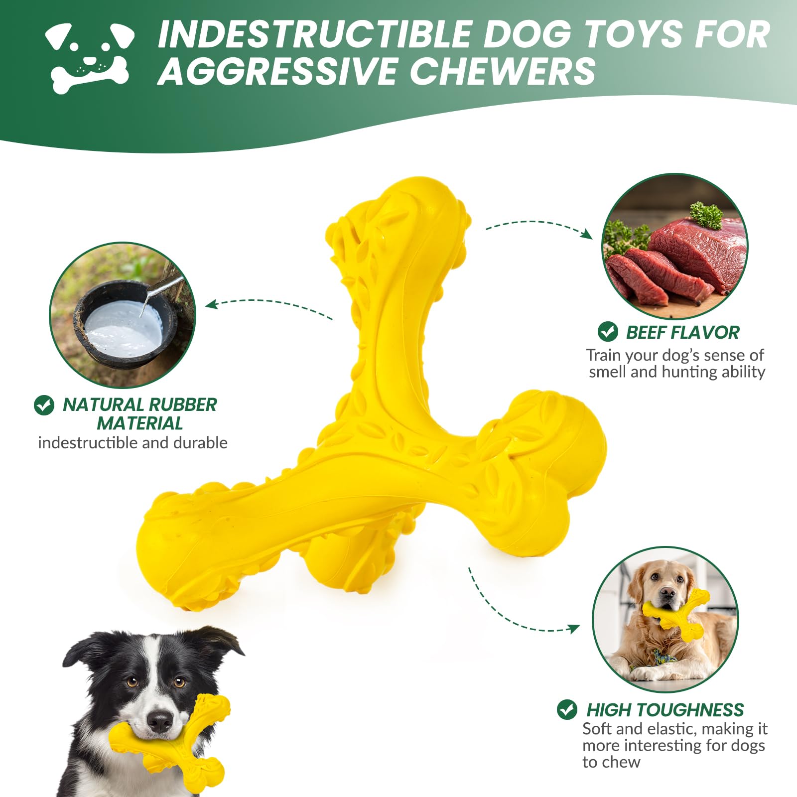 CVALIN Indestructible Dog Chew Toy for Large Breeds, Durable Rubber Bone, Yellow
