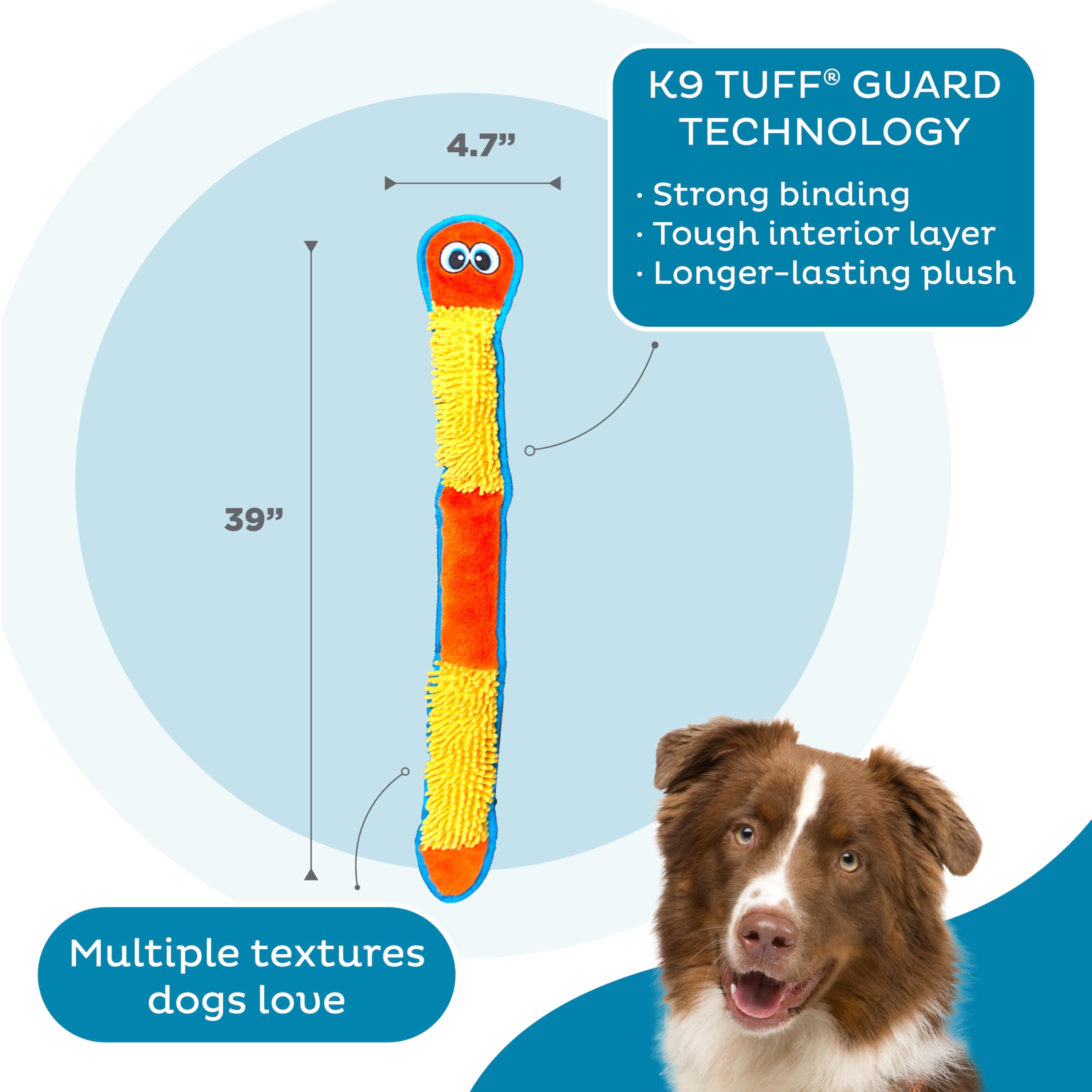 Outward Hound Tough Plush Squeaky Dog Toy, Nubby Snake, XL, Polyester, Model 68254, Blue