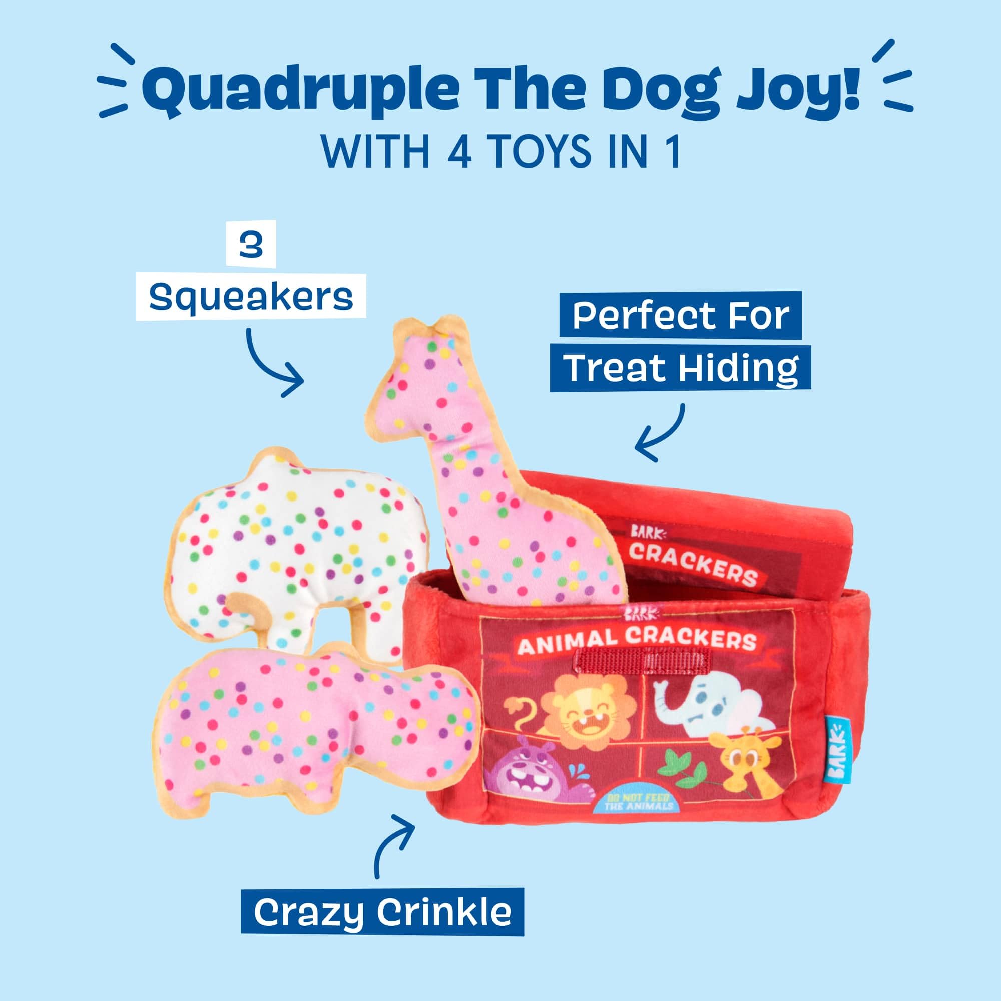 Barkbox Animal Squeakers Multi-Part Dog Toy - 4-in-1 Plush Toy Set with Treat-Hiding Crinkle Box & Three Squeaky Cookies - Fun P