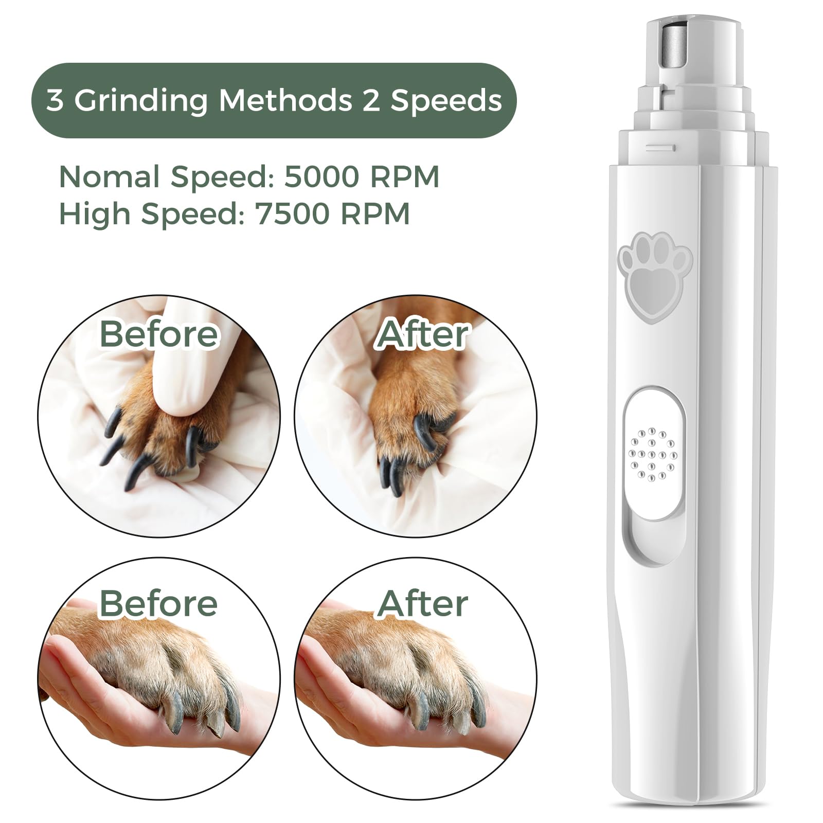 VIWIK Dog Nail Grinder - 2-Speed Rechargeable Trimmer for All Dog Sizes - Quiet Electric Grooming Tool - White