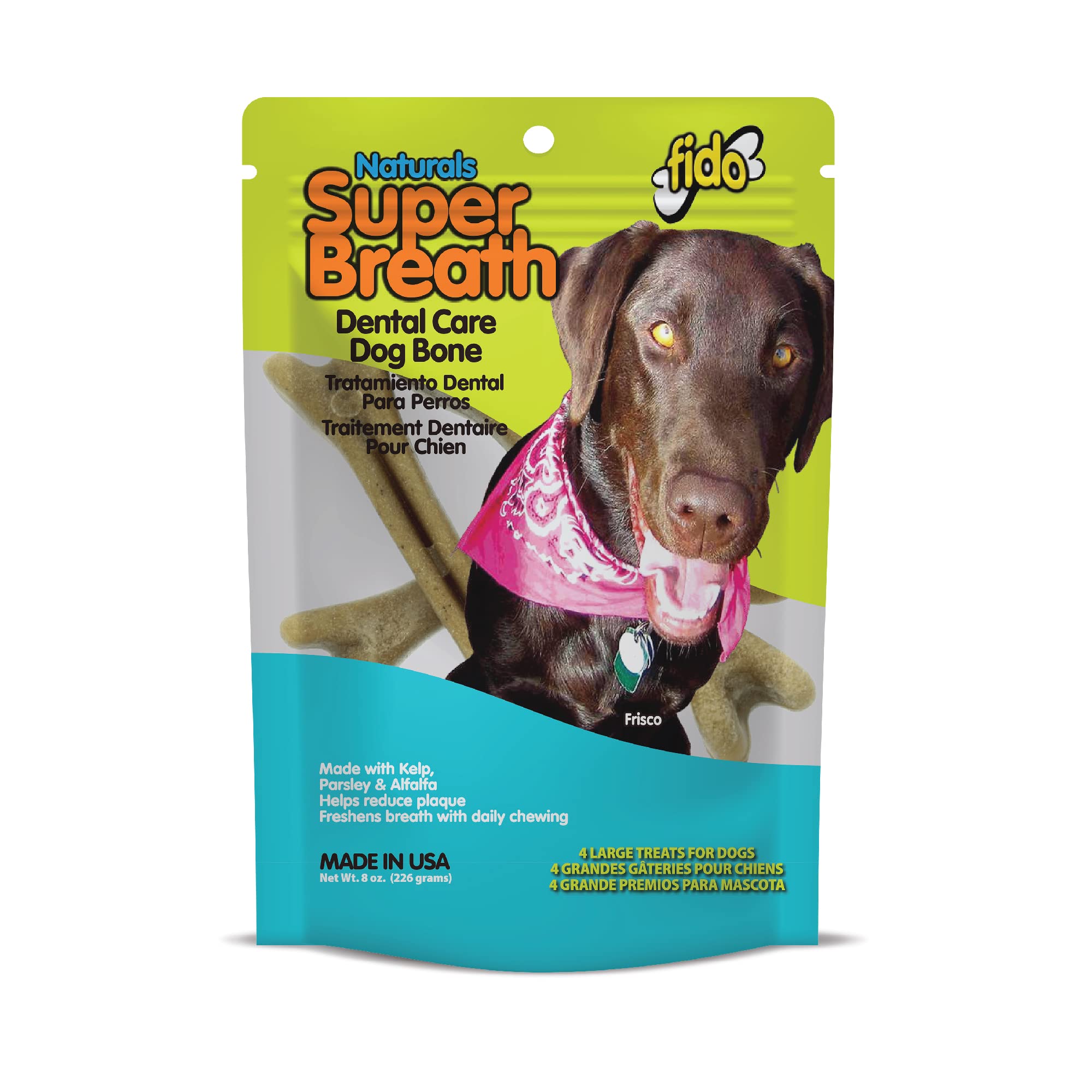 Fido Super Breath Dental Care Bones for Dogs - 4 Count Large Dog Dental Treats for Large Dogs (Made in USA) - Tasty Dog Dental C