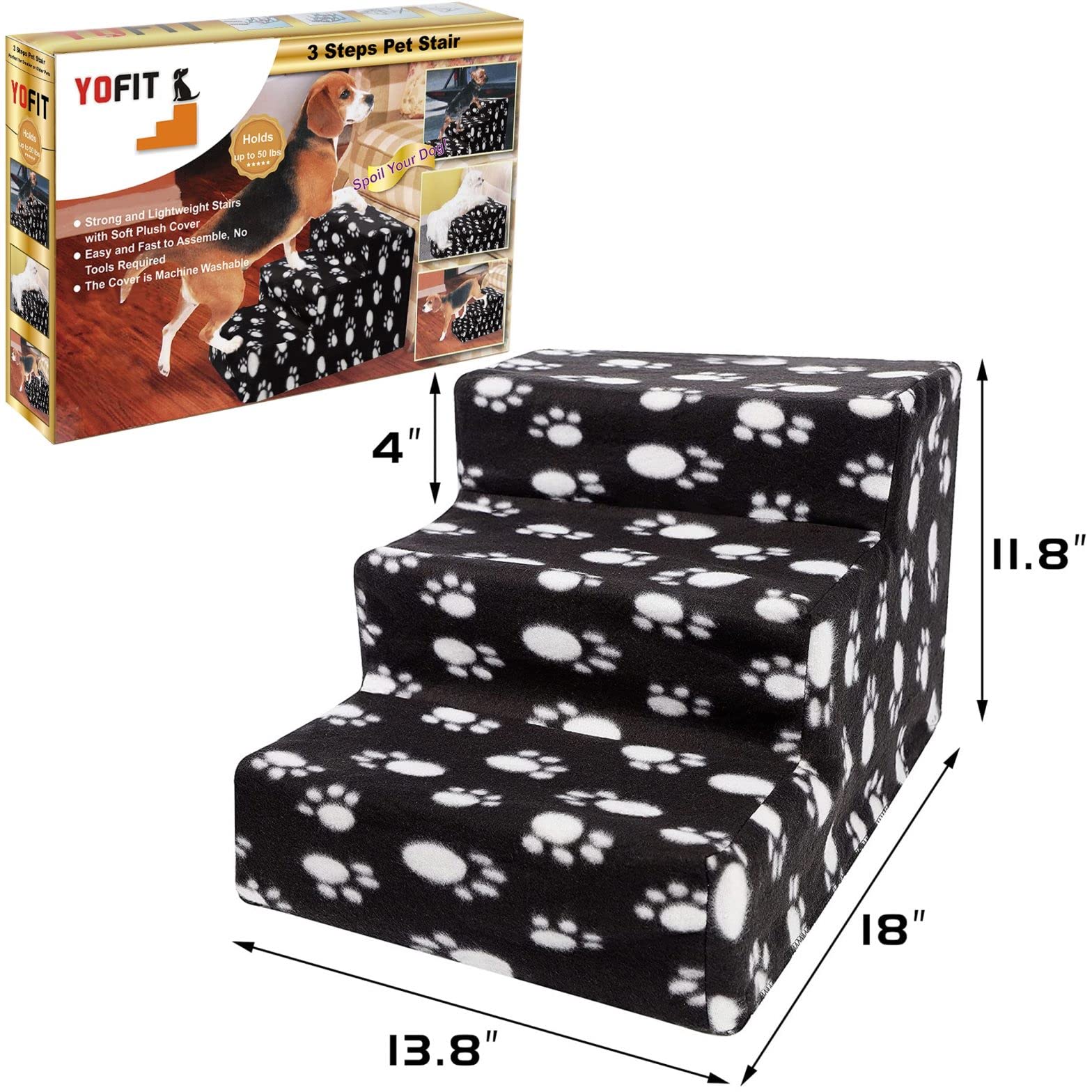 Yofit Doggy Steps - Non-Slip 3 Steps Pet Stairs For Cats And Dogs, Foldable Plastic With Washable Carpet Holds Up To 50 Lbs (Dar