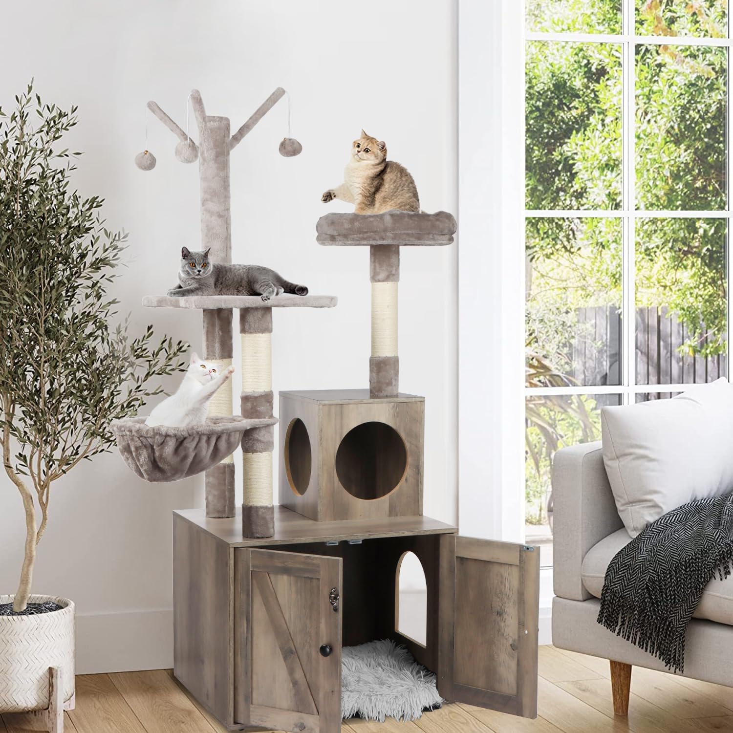 Timberer Cat Tree Tower & Litter Box Enclosure, 2-in-1 Furniture, 19.7"D x 23.6"W x 61"H, Grey, Engineered Wood