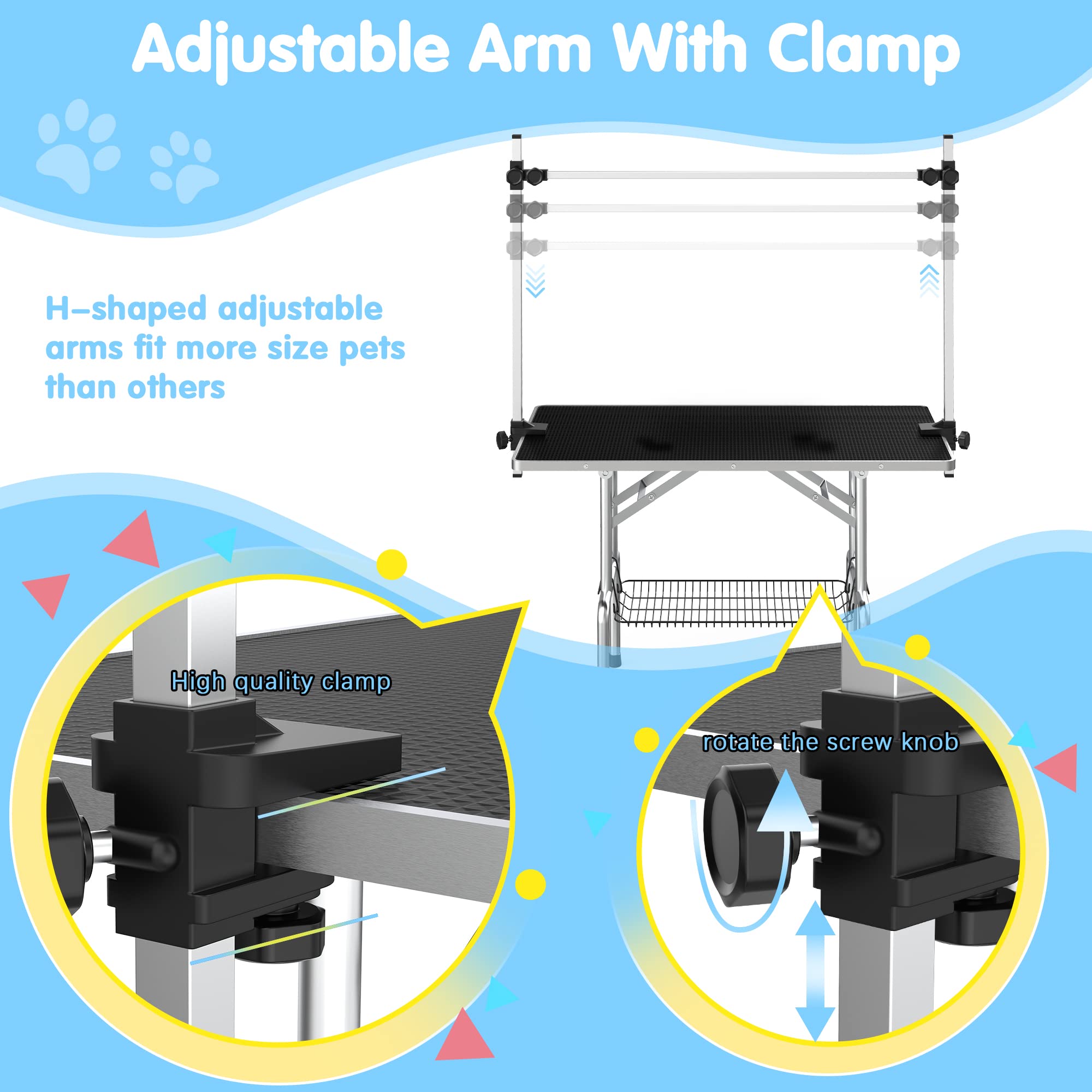 Lyromix Dog Grooming Table, Adjustable Cat Drying Desktop With Arms, Nooses, Mesh Tray, Foldable Pet Station At Home, Maximum Ca