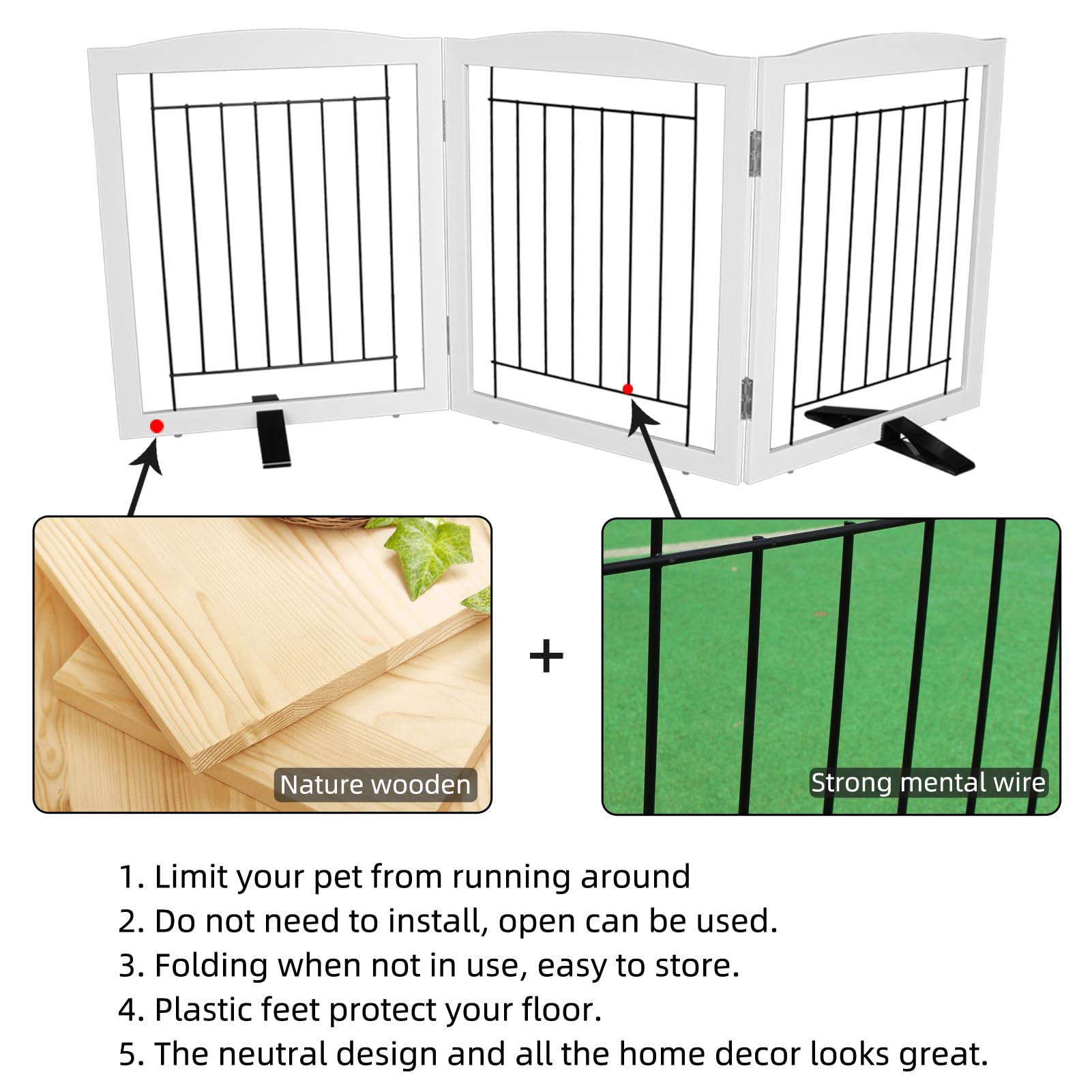 ZJSF Freestanding Dog Fence Indoor, Foldable Dog Gate for Doorways, Stairs or Hallways, Sturdy Wood Extra Wide Pet Gate with Sup