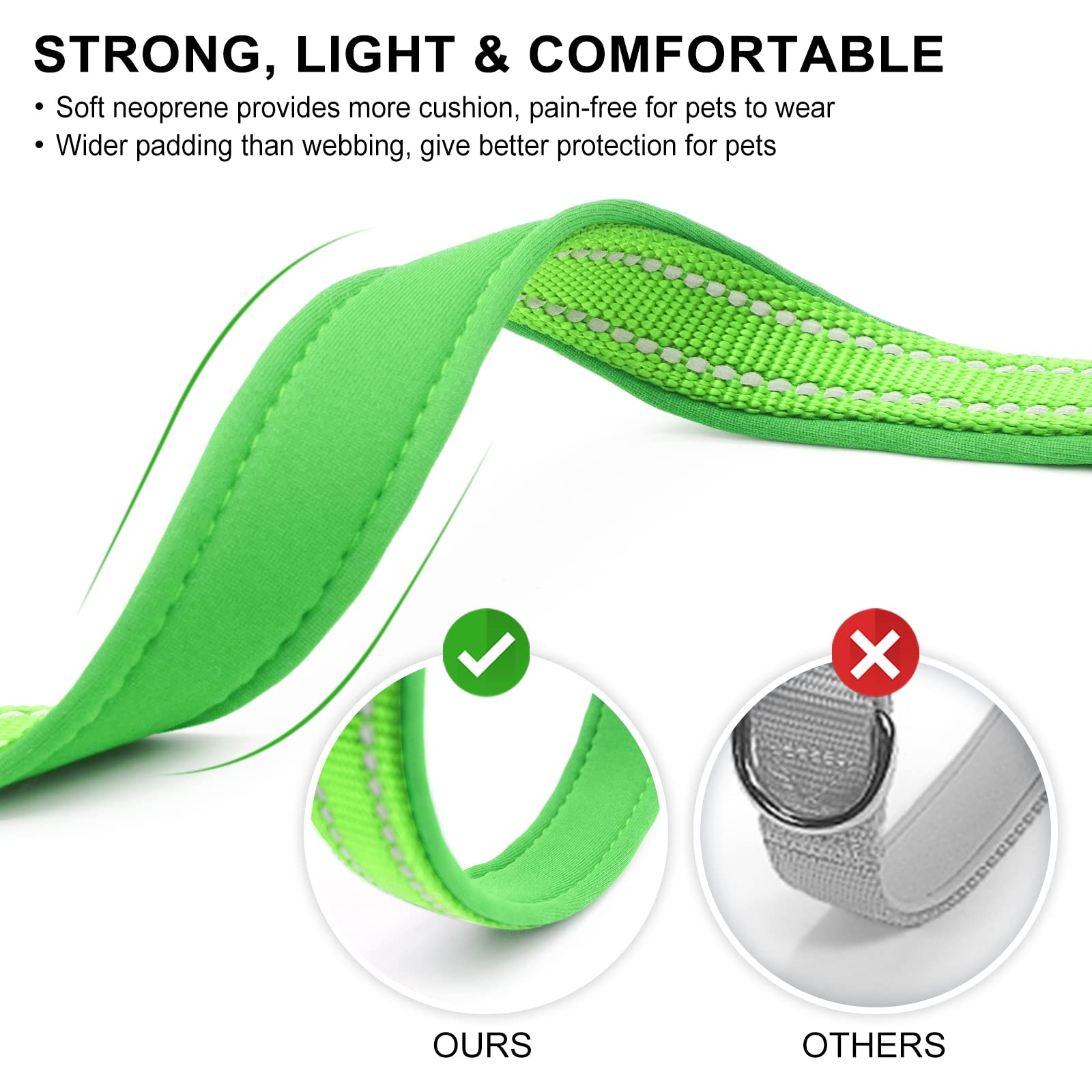 Azuza Reflective Dog Collar, Soft Neoprene Padded Pet Collar With Id Tag Ring, Adjustable For Medium Dogs,Green,M