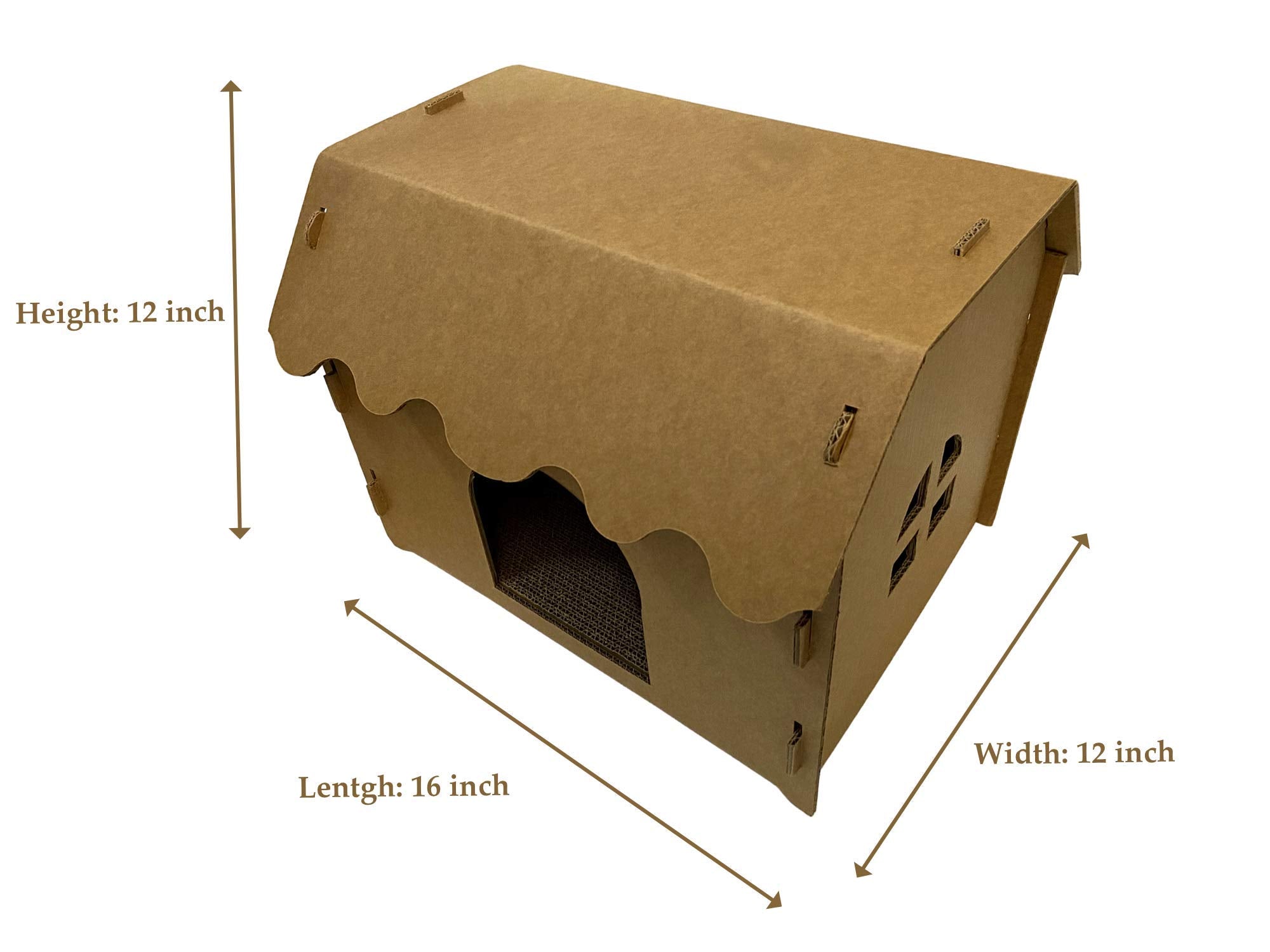 Svy Cozy Cat House With Scratcher Pad, Made Of Corrugated Cardboard, Ideal For Cats & Kittens & Small Animals. 16'X12'X13'