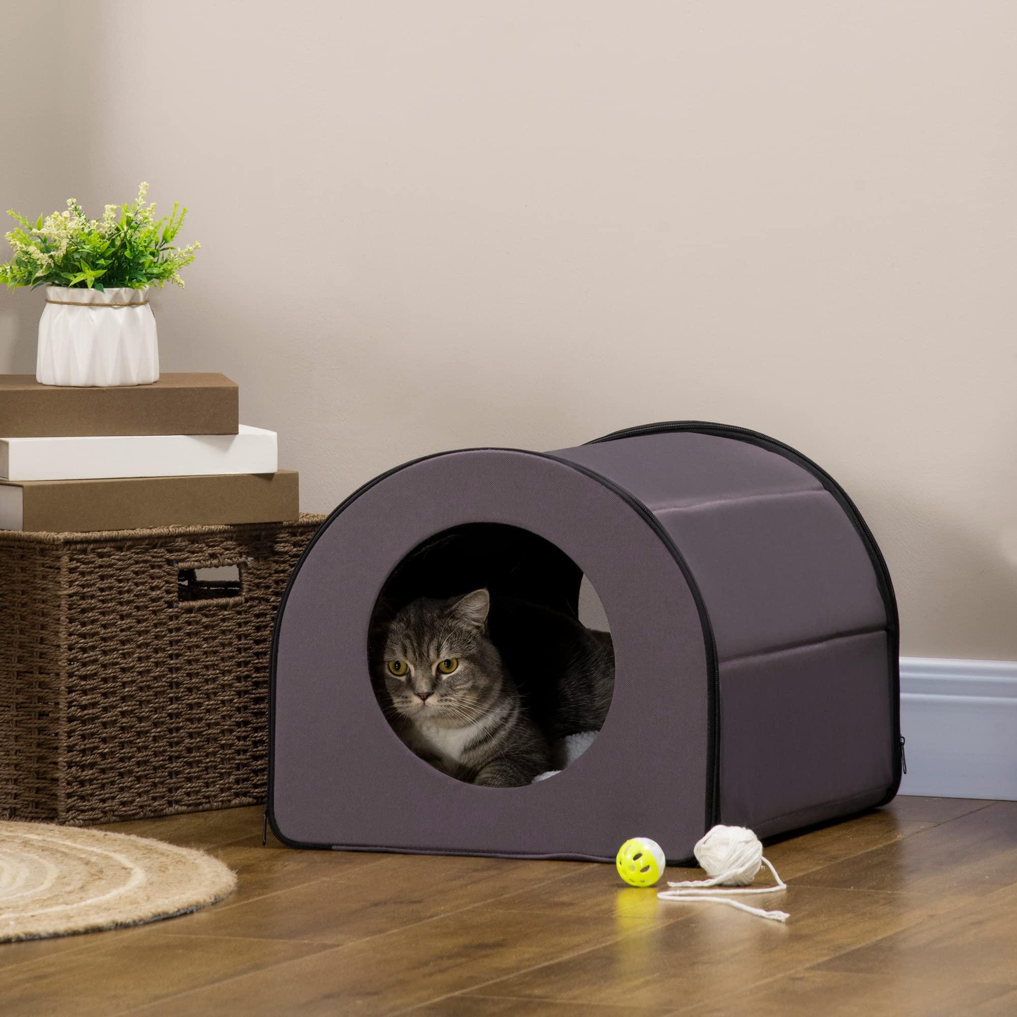 Pawhut Dome Heated Cat House Portable And Waterproof Pet Shelter For Kitty In Winter, Brown