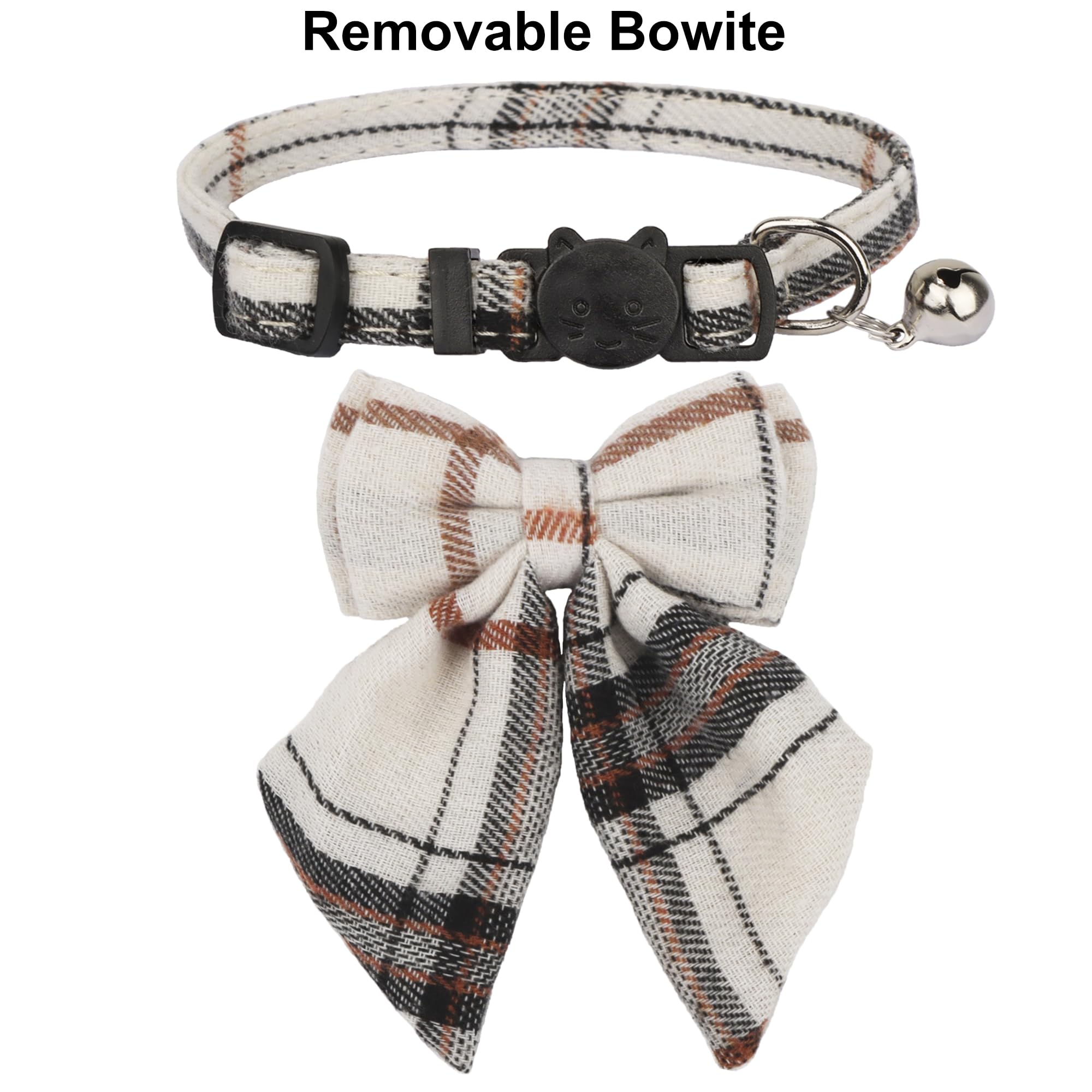 Adoggygo Plaid Cat Collars With Removable Bow Tie Bell, 2 Pack Beige Blue Plaid Kitten Bow Collar For Cats Kittens