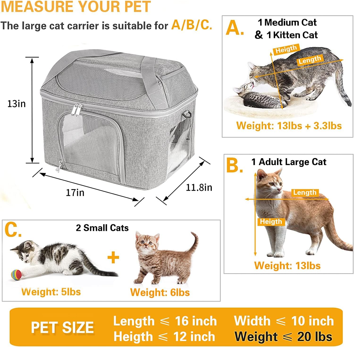 Bejibear Small Cat Carrier for 2 Cats, Oeko-TEX Soft Side, TSA Approved, Grey, Collapsible, for Cats & Small Dogs up to 20 lbs