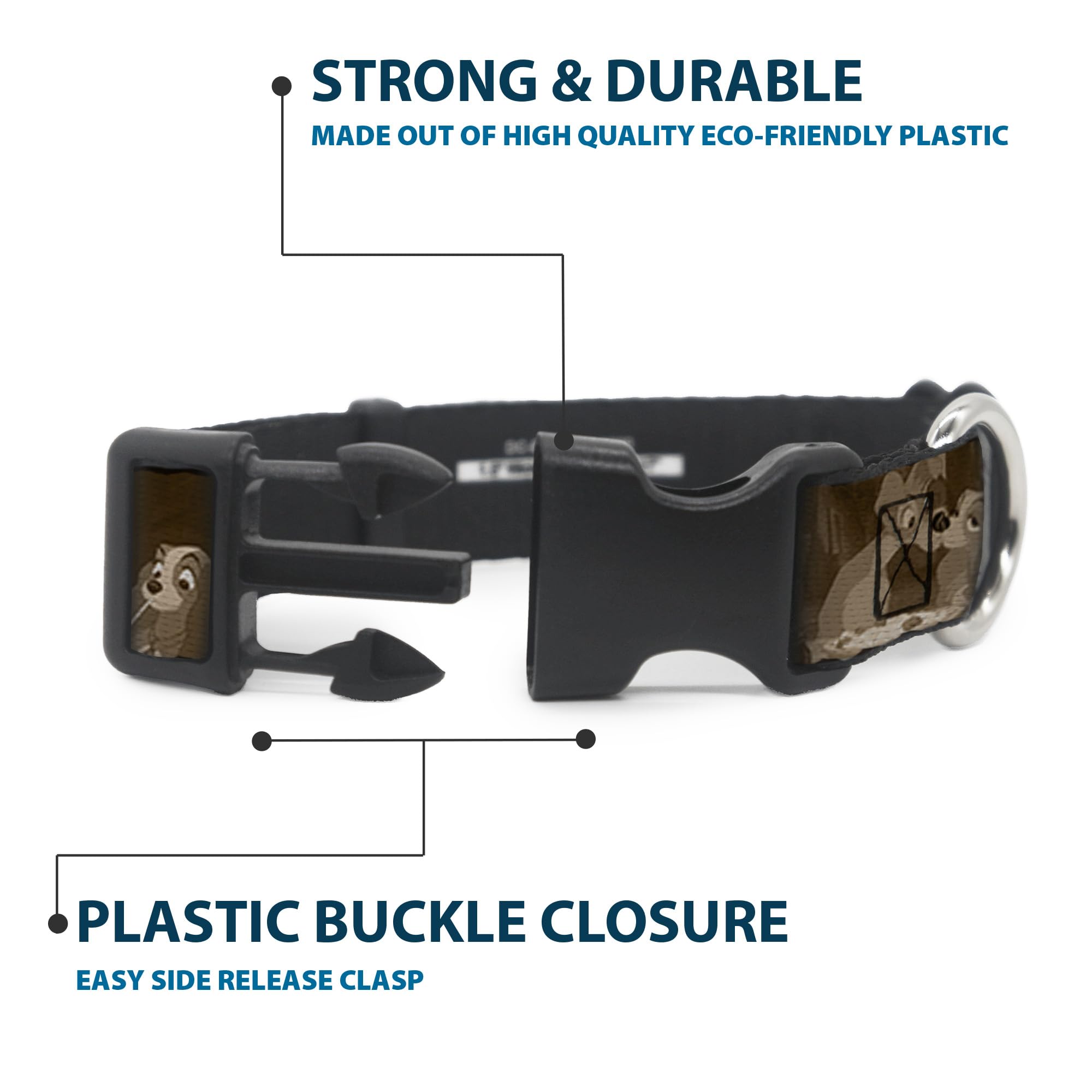 Buckle-Down Pc-Wdy372-Wm Plastic Clip Collar-Lady And Tramp 2-Poses/Spaghetti Kiss Scene Browns, 1.5 W-16-23 Neck-Medium