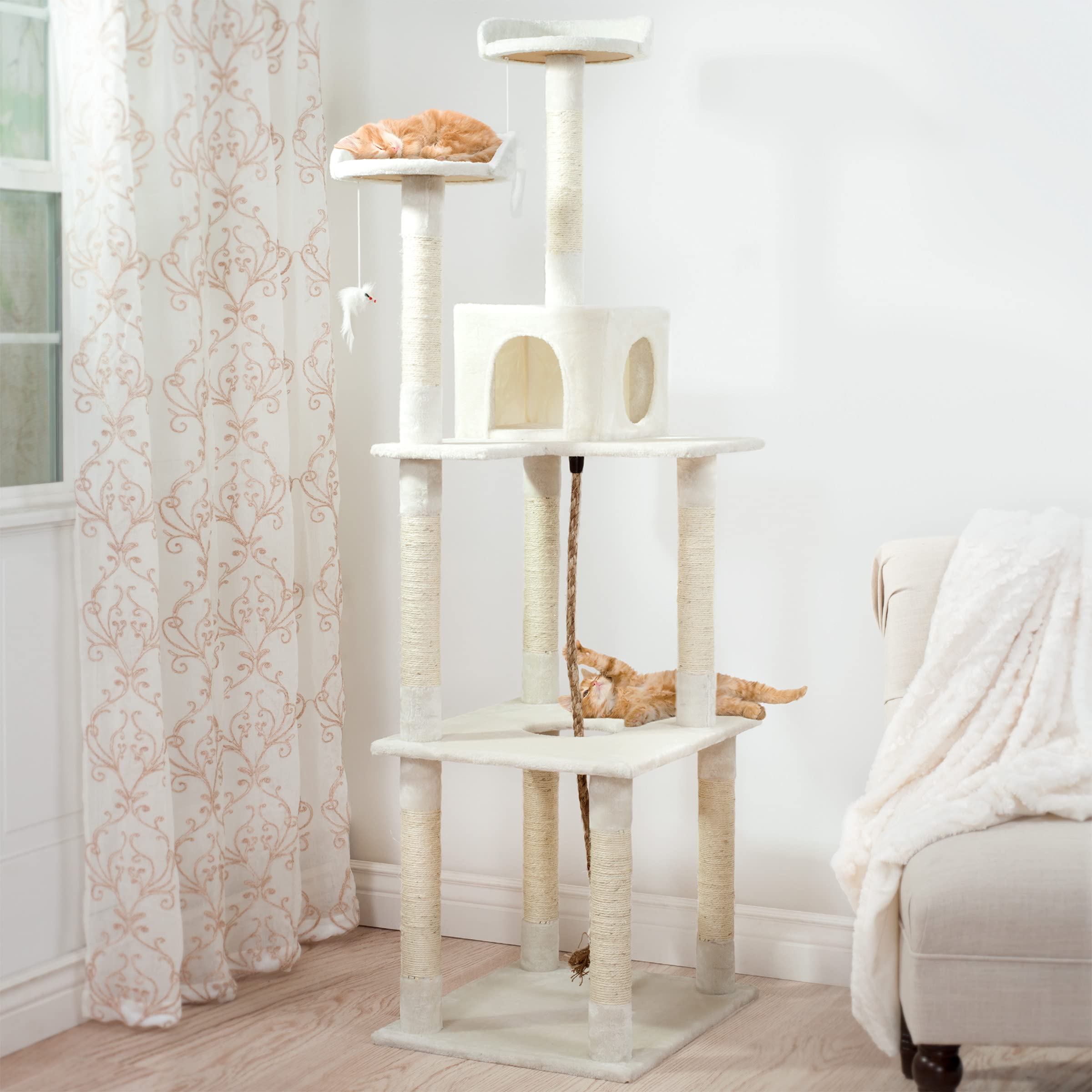 PETMAKER Cat Tree - 6-Foot Indoor Tower with Napping Perches, 9 Scratching Posts, Ivory, Model 80-0709