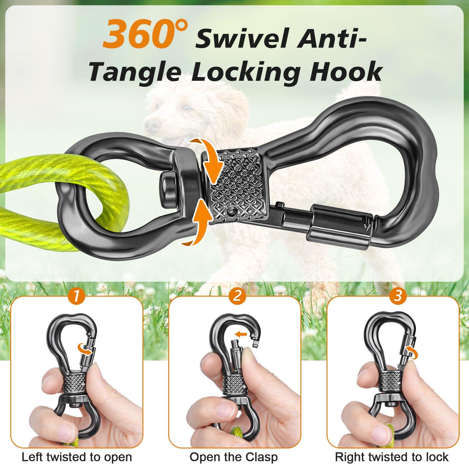 Tresbro Dog Tie Out Cable, 15Ft Leads For Yard With Sturdy Spring And Lockable Swivel Hook, Chew Proof Chain For Outside, Strong