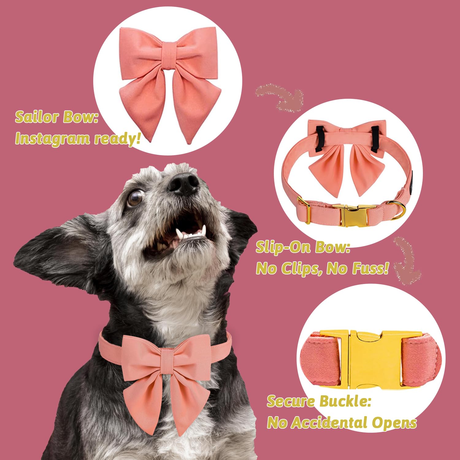 M MACA BATES Dog Collar with Bow - Adjustable XS Candy Pink Sailor Bow Tie, Metal Buckle for Small Medium Large Dogs