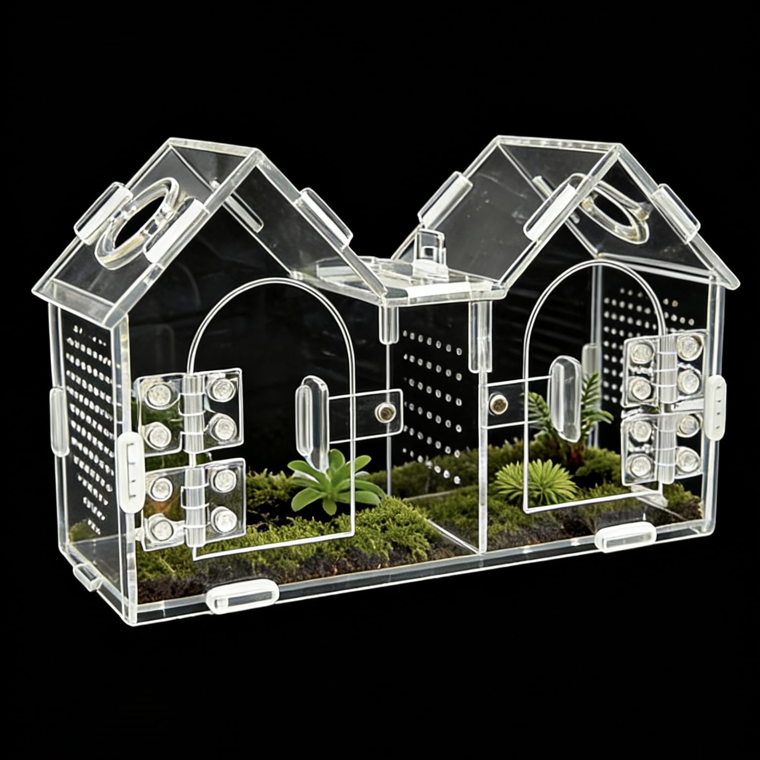 Jumping Spider Enclosure, Acrylic Terrarium with Partition Divider (1-2 Compartments), Dual Magnetic Doors & All-Side Ventilatio