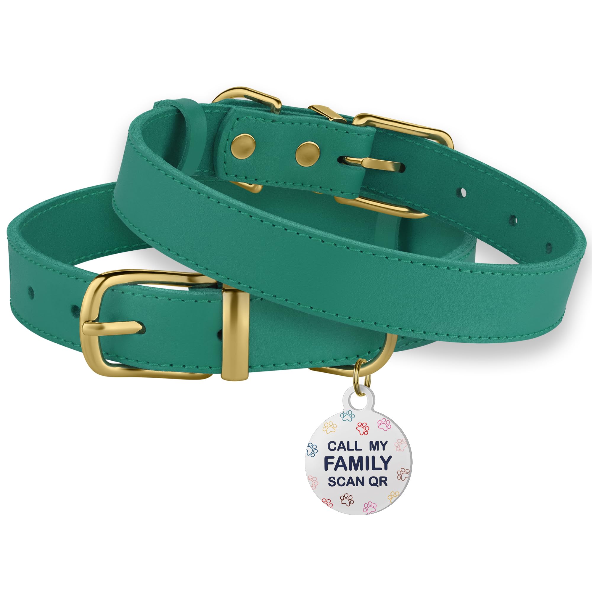 BRONZEDOG Leather Dog Collar - Durable Metal Buckle, 14-17 Inch, Green & Gold Buckle for Small Medium Large Dogs